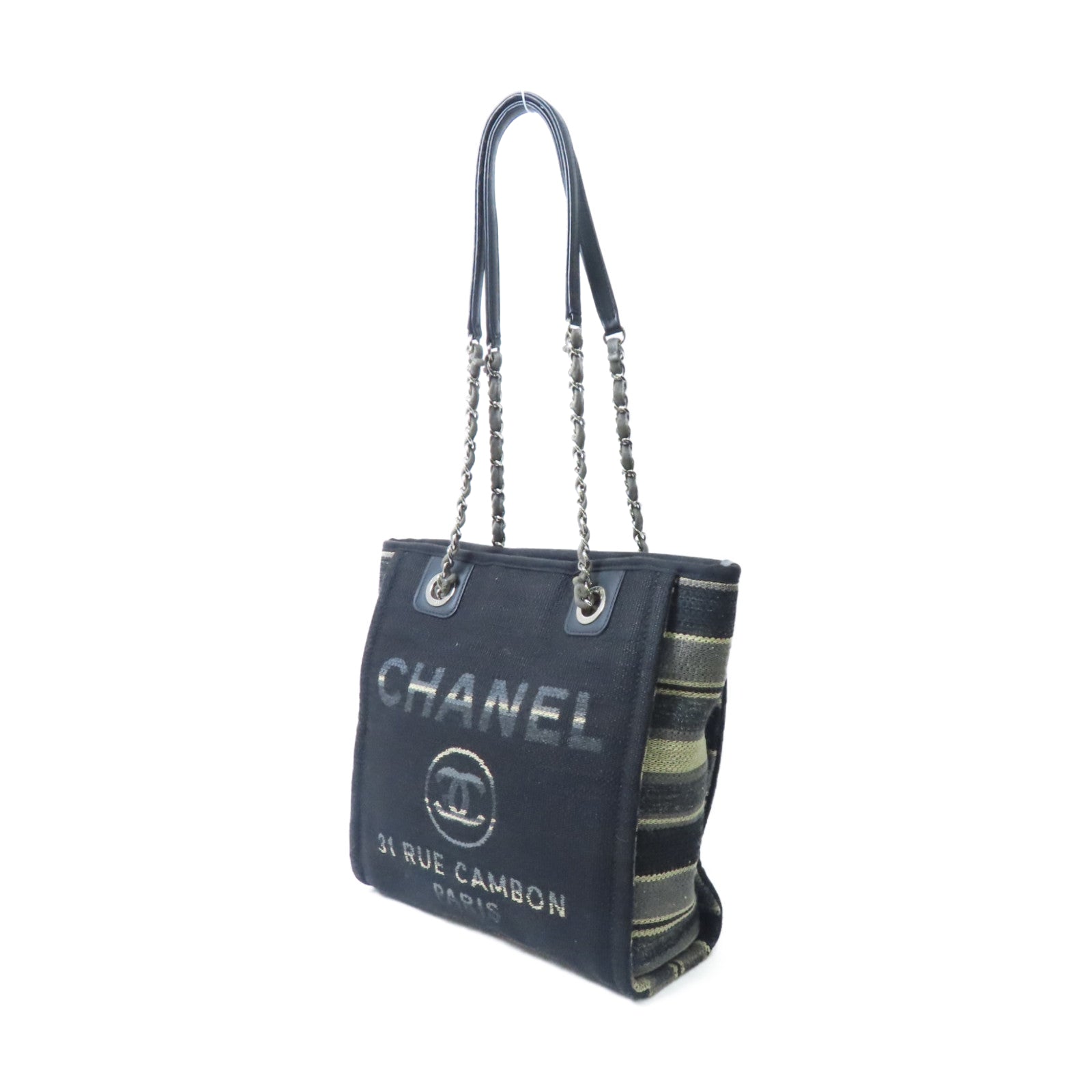 CHANEL 帆布Deauville Tote銀扣鏈帶手挽袋黑色/灰色