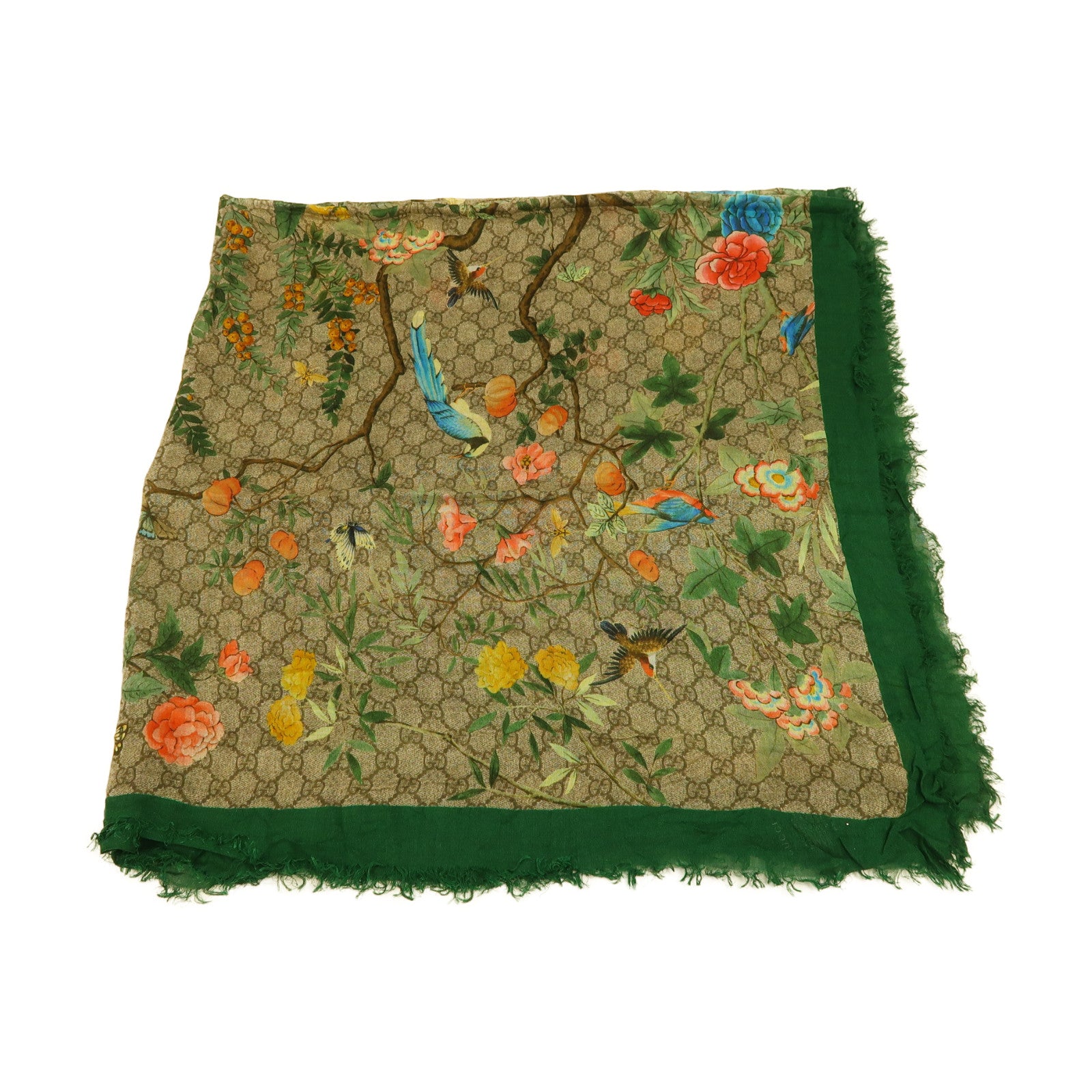 GUCCI 絲質Scarf 110x110CM圍巾啡色/綠色/彩色