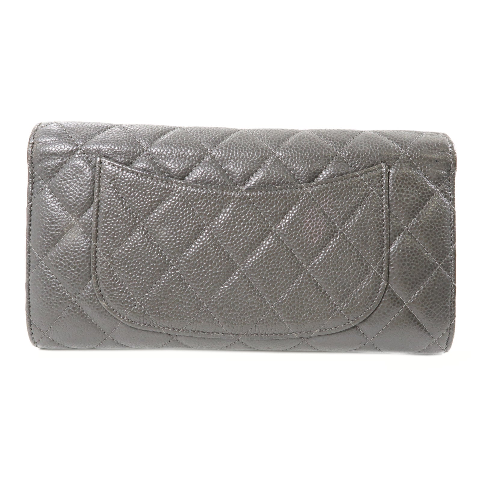 CHANEL 牛皮皮革Long Wallet銀扣長錢包灰色