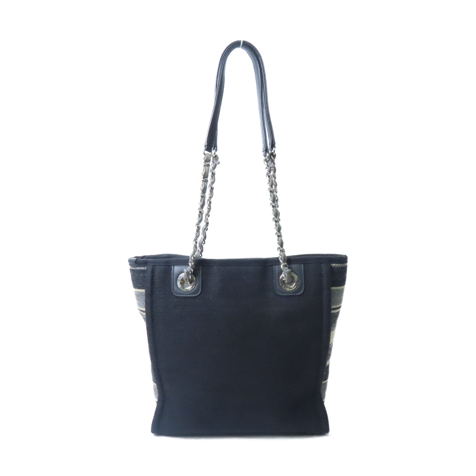 CHANEL 帆布Deauville Tote銀扣鏈帶手挽袋黑色/灰色