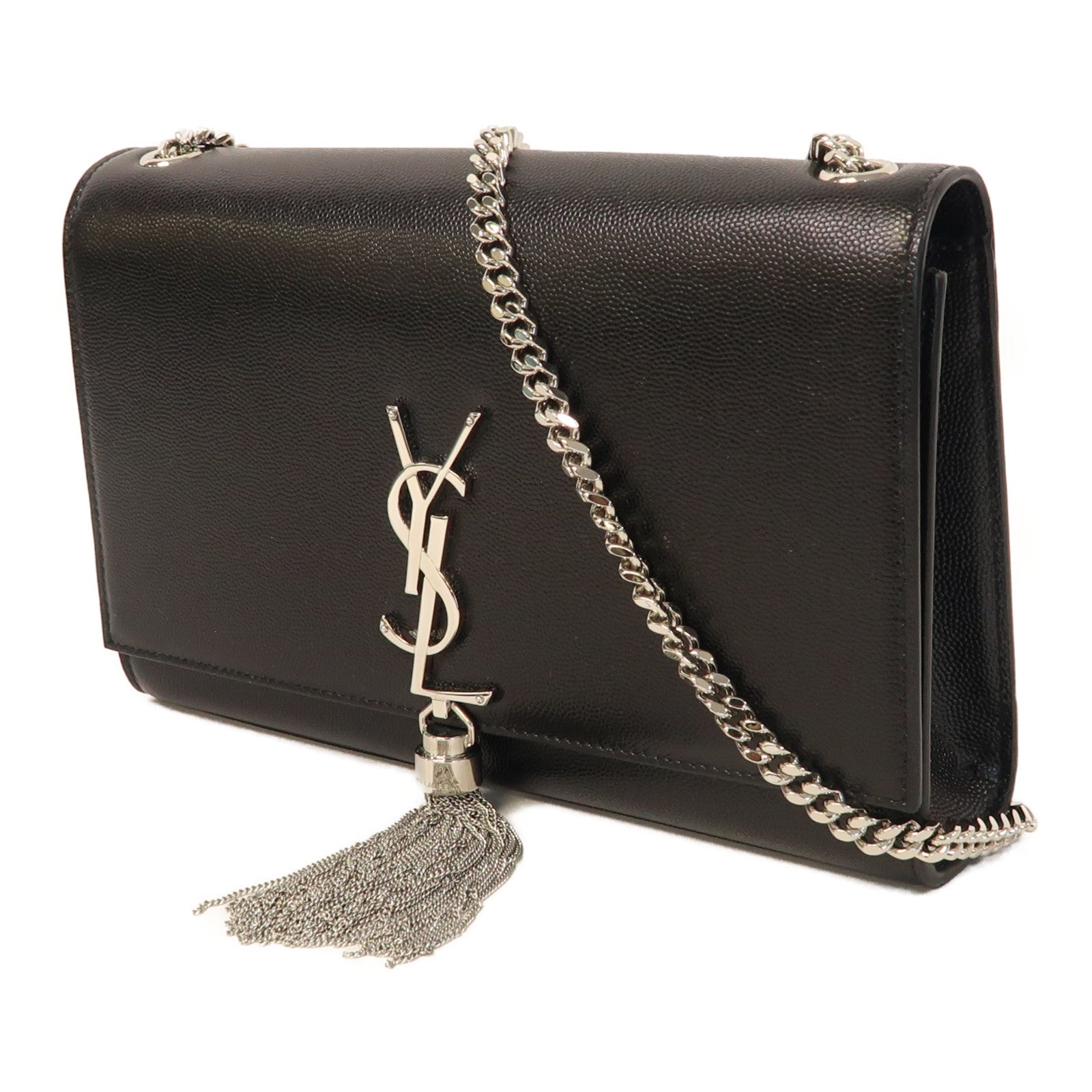 YVES SAINT LAURENT 牛皮皮革Kate銀扣鏈帶肩背袋黑色