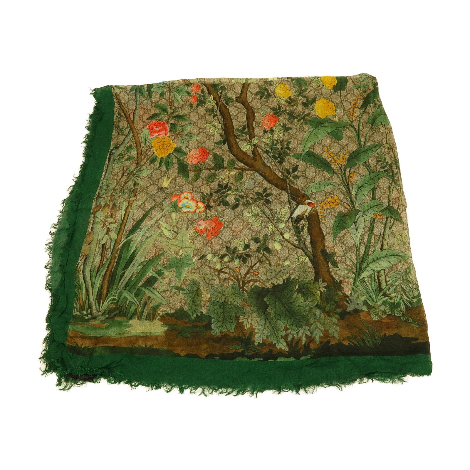 GUCCI 絲質Scarf 110x110CM圍巾啡色/綠色/彩色