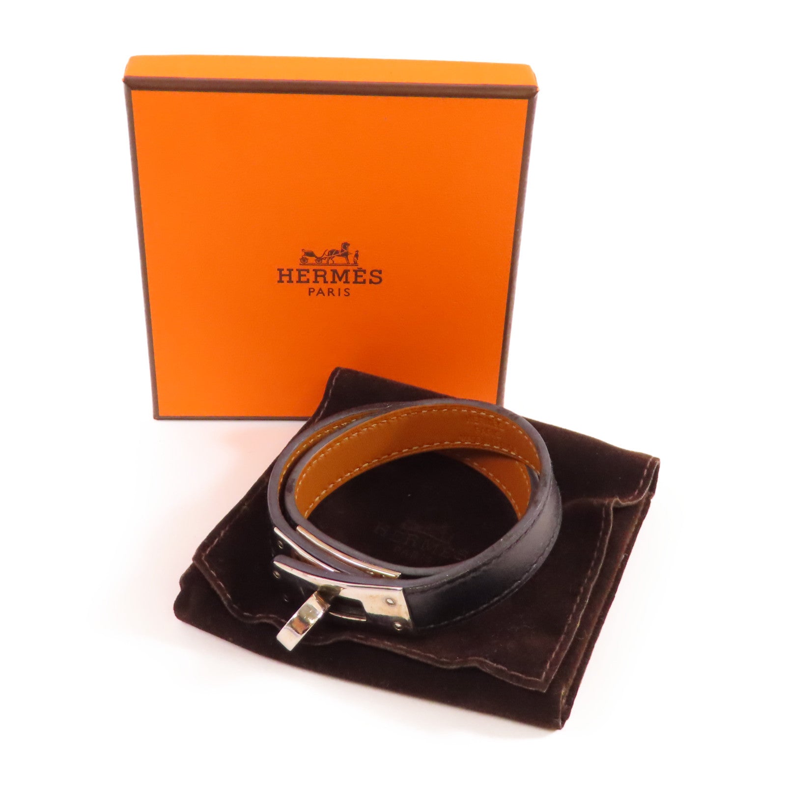 HERMES PHW Double Tour Bracelet Bangle Swift Leather Noir