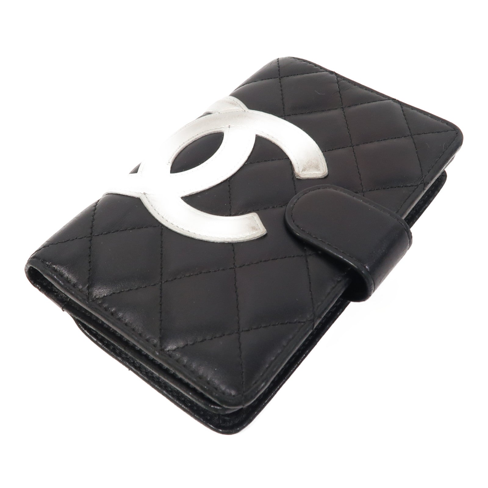 CHANEL 牛皮皮革Cambonline Wallet銀扣錢包黑色/銀色