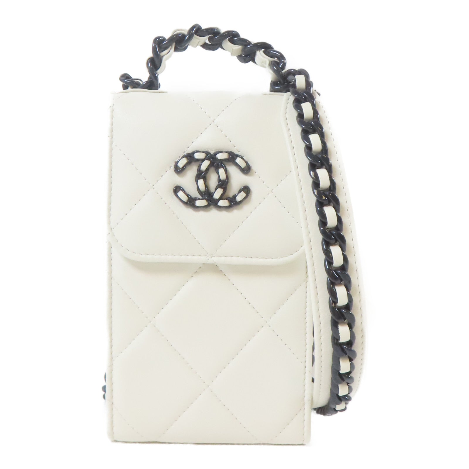 CHANEL 【激減優惠】菱格羊皮皮革CC Phone Holder銀扣鏈帶手挽肩背兩用袋白色