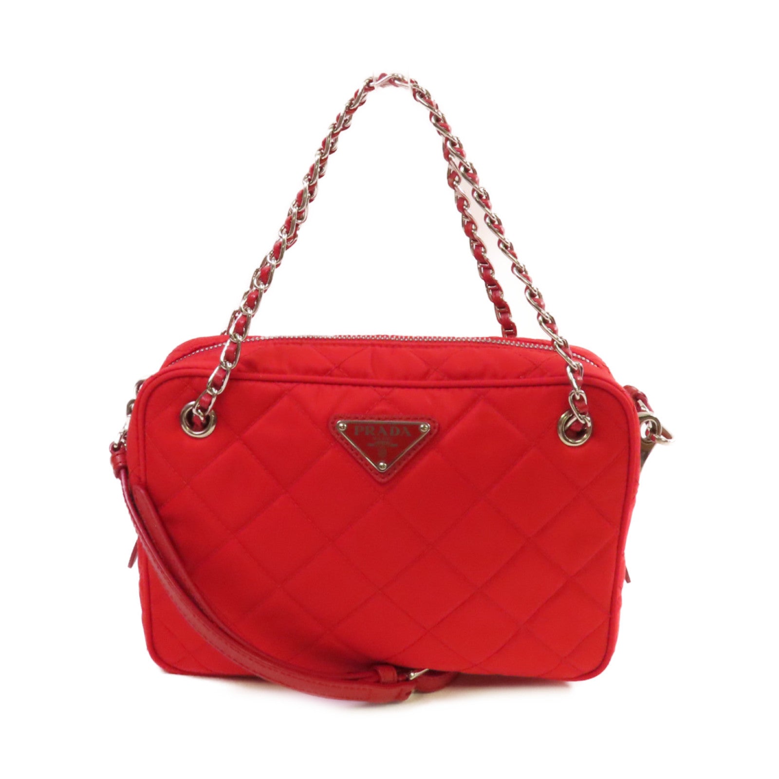 PRADA 菱格尼龍Chain 2Way Shoulder Bag銀扣手挽肩背兩用袋紅色
