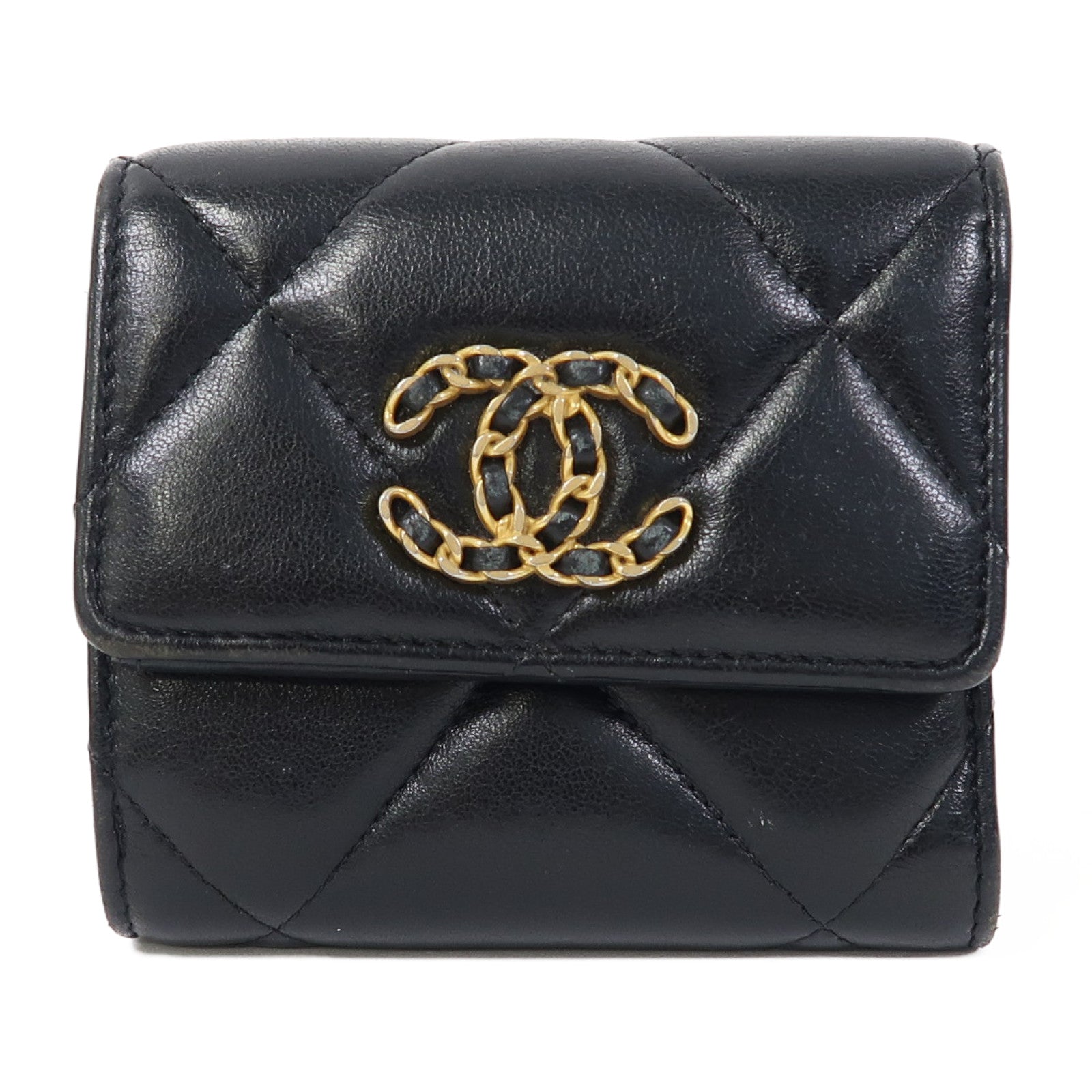CHANEL 菱格羊皮皮革C19 Wallet金扣錢包黑色