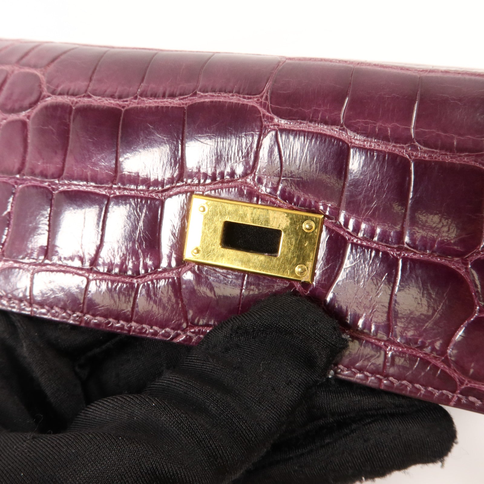 HERMES 鱷魚皮革Kelly Wallet長錢包金扣Amethyst
