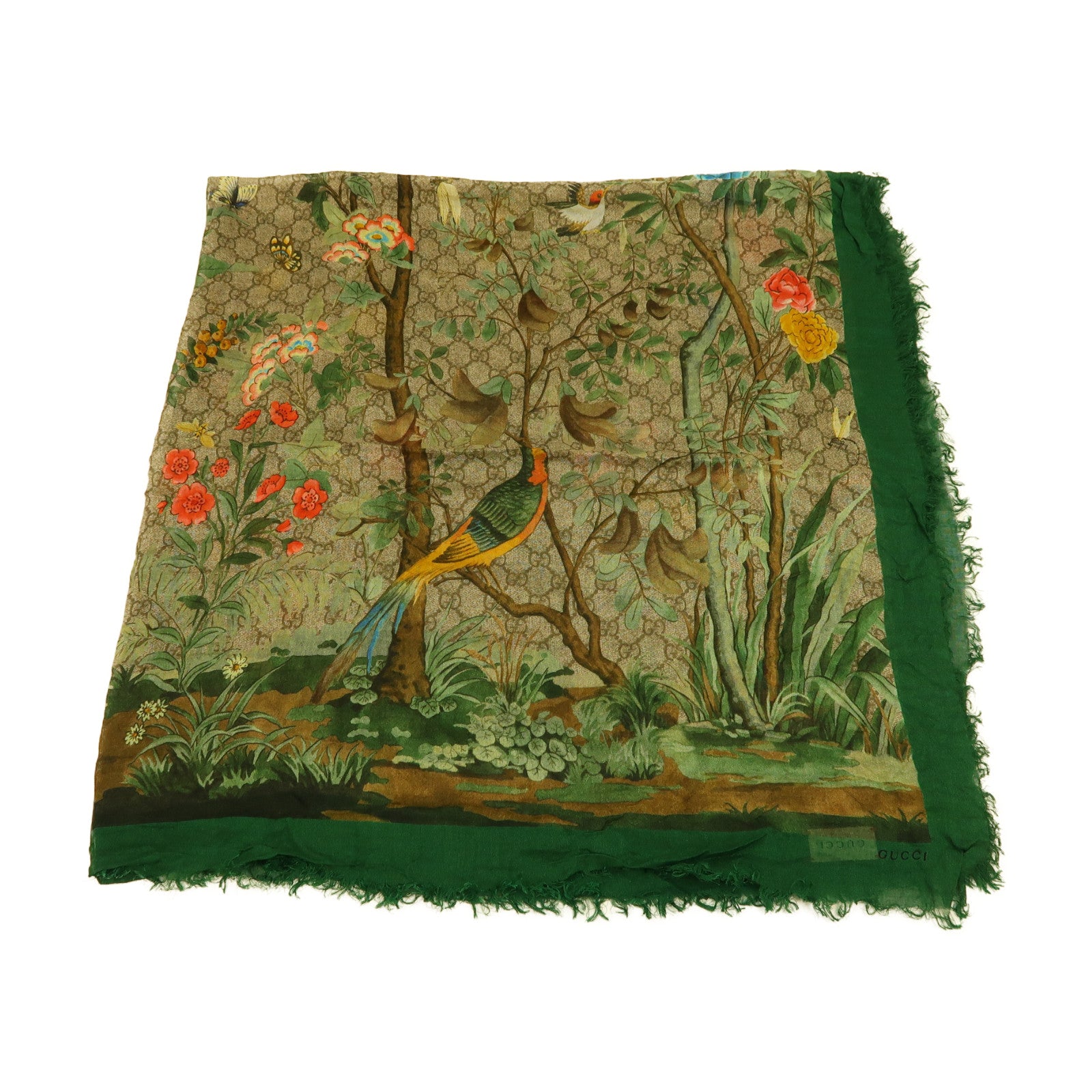 GUCCI 絲質Scarf 110x110CM圍巾啡色/綠色/彩色