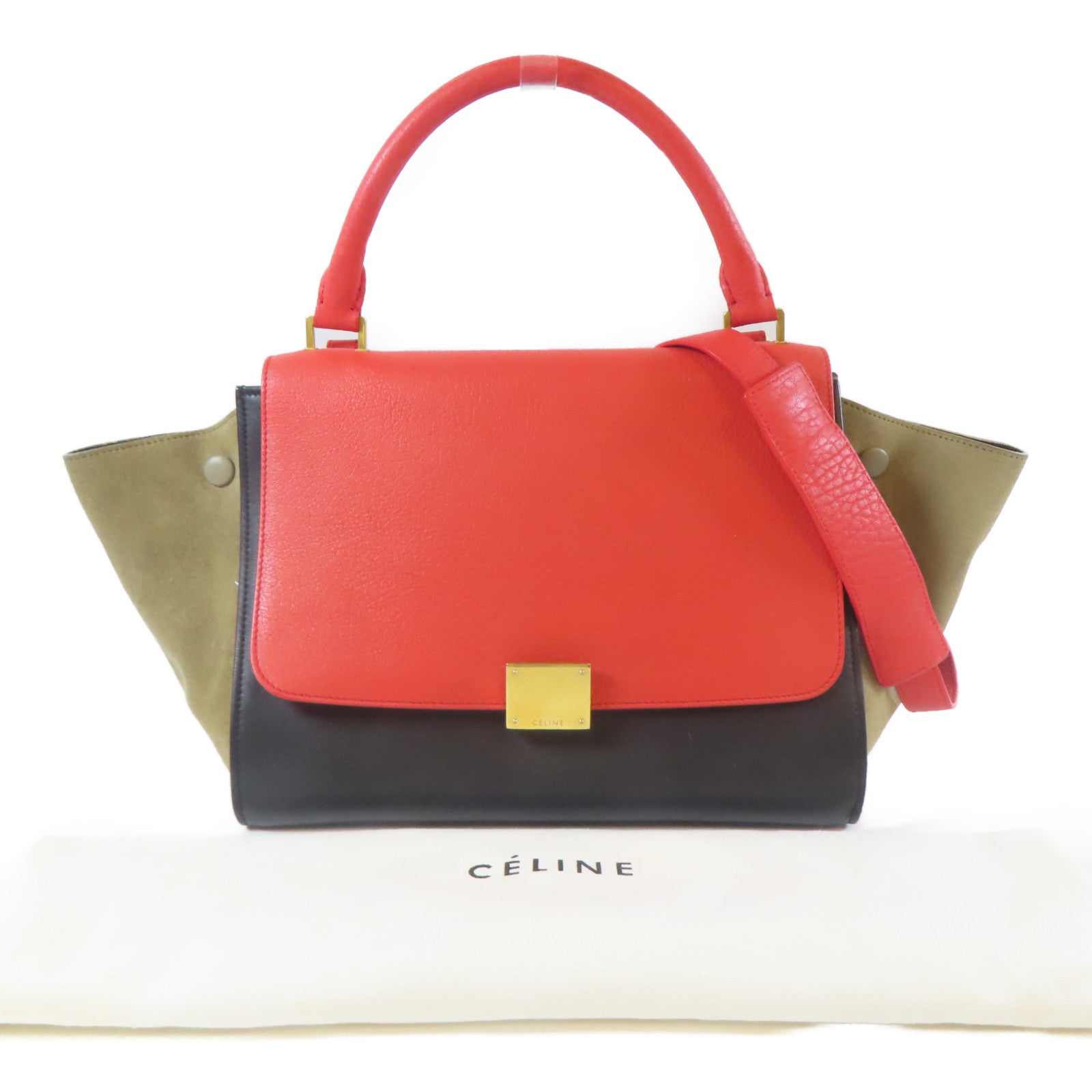 CELINE 【激減優惠】牛皮皮革Trapeze金扣手挽肩背兩用袋紅色/黑色/綠色