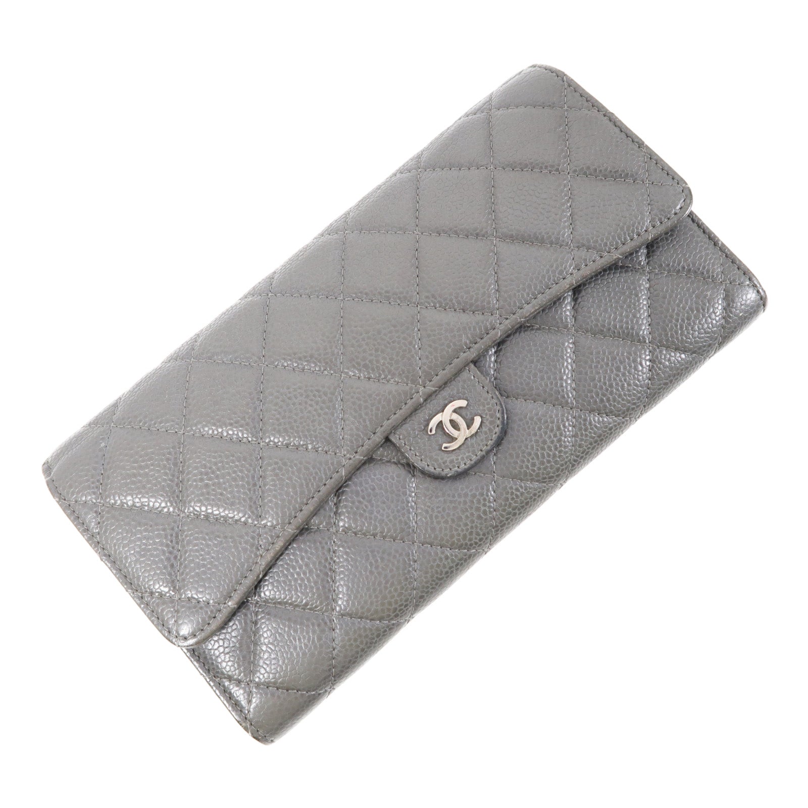 CHANEL 牛皮皮革Long Wallet銀扣長錢包灰色
