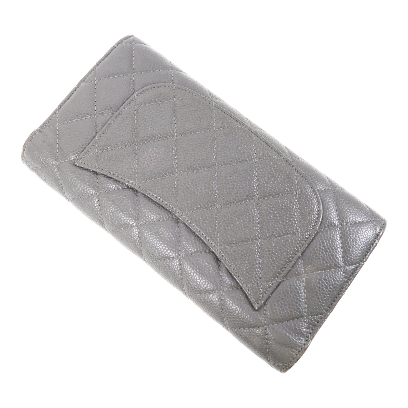 CHANEL 牛皮皮革Long Wallet銀扣長錢包灰色