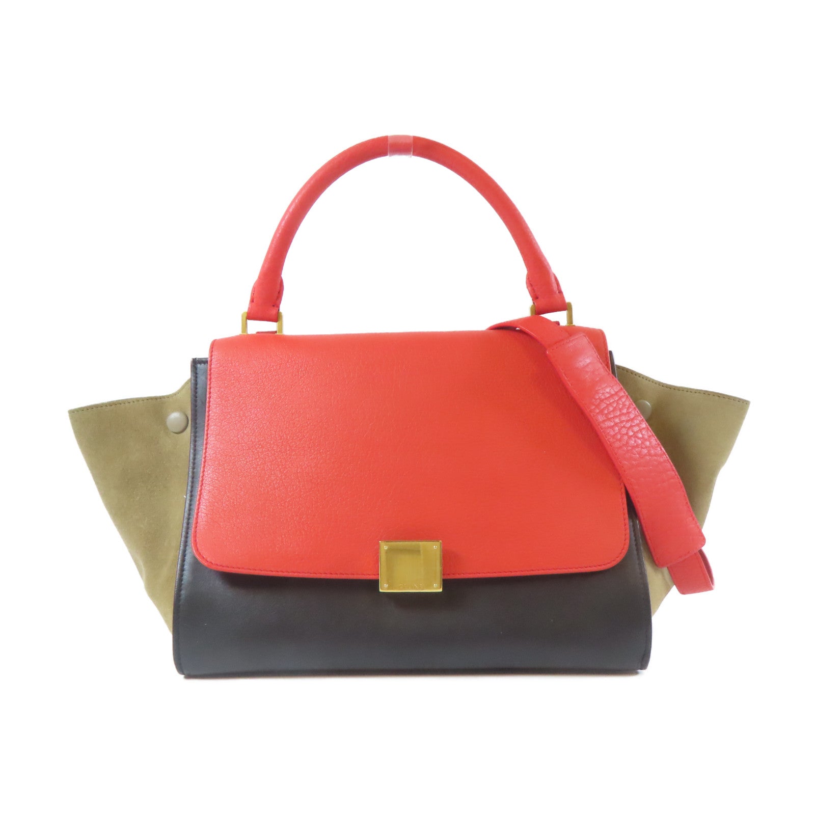 CELINE 【激減優惠】牛皮皮革Trapeze金扣手挽肩背兩用袋紅色/黑色/綠色