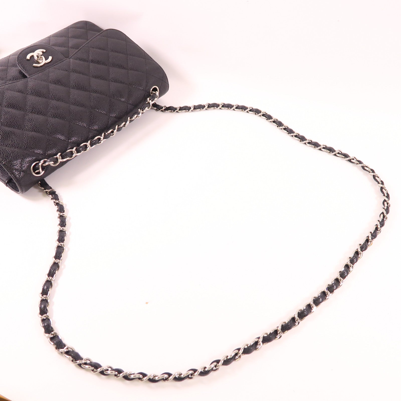 CHANEL 牛皮皮革Large Classic銀扣鏈帶肩背袋