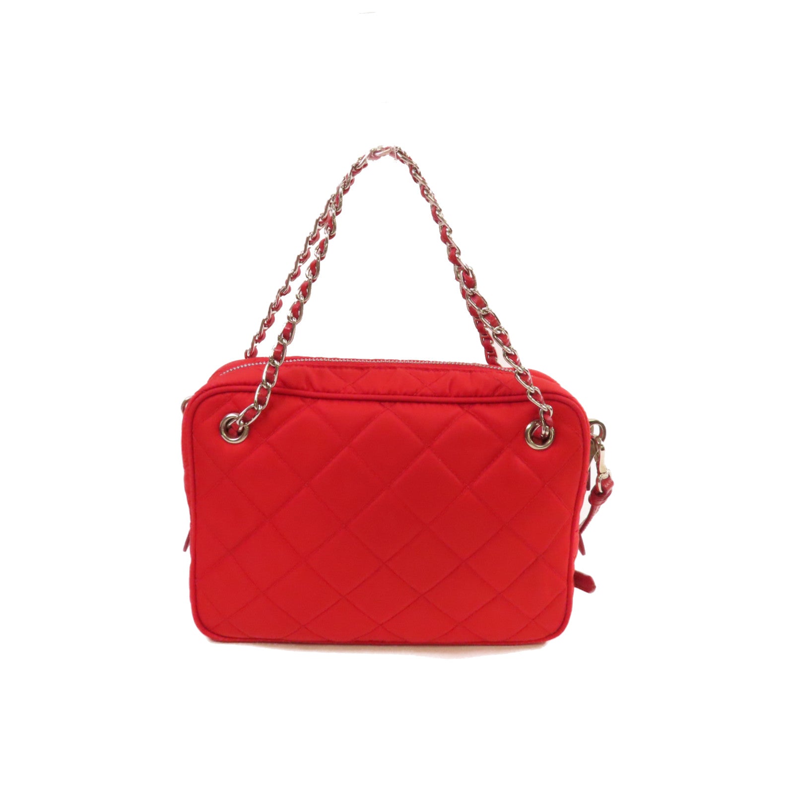 PRADA 菱格尼龍Chain 2Way Shoulder Bag銀扣手挽肩背兩用袋紅色