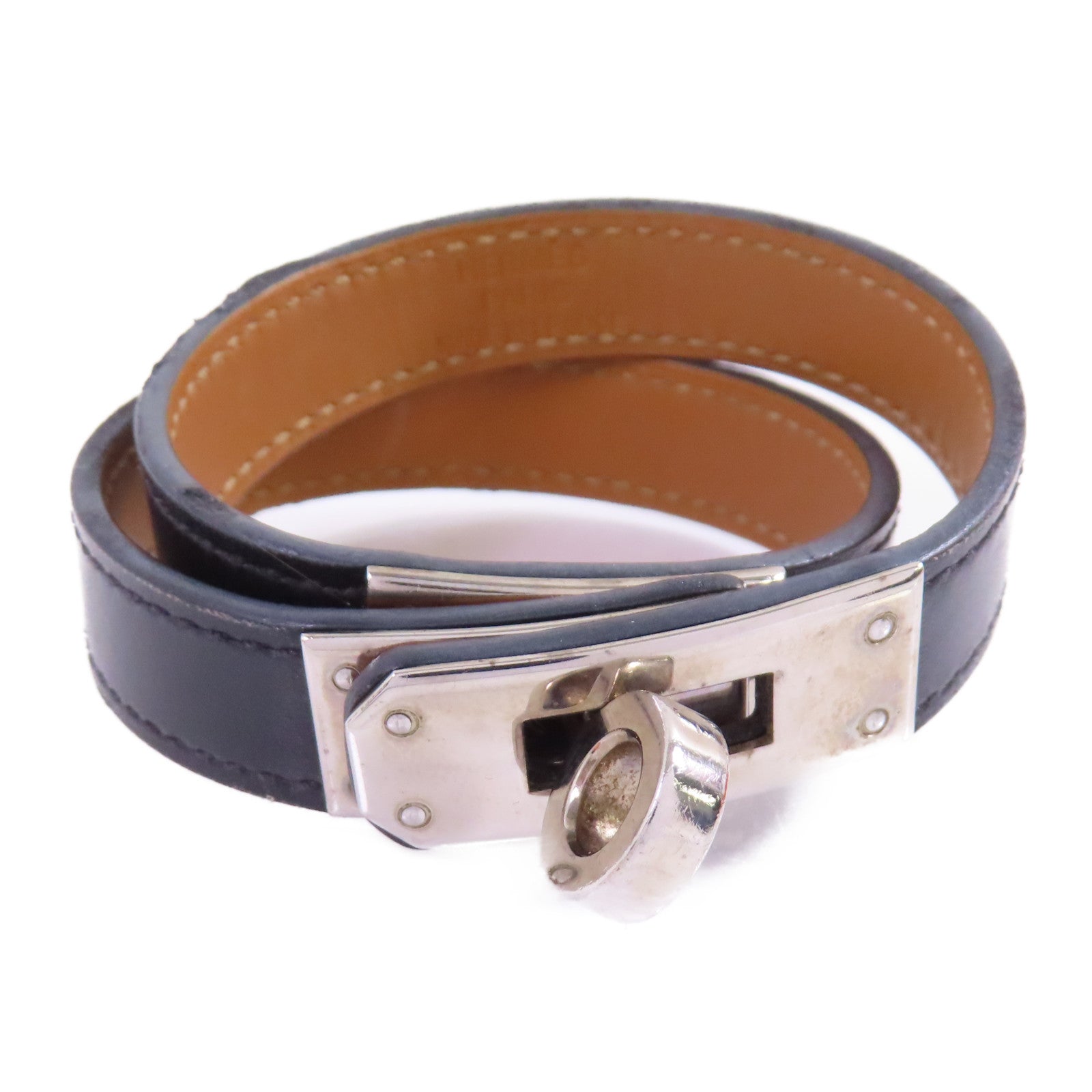 HERMES PHW Double Tour Bracelet Bangle Swift Leather Noir