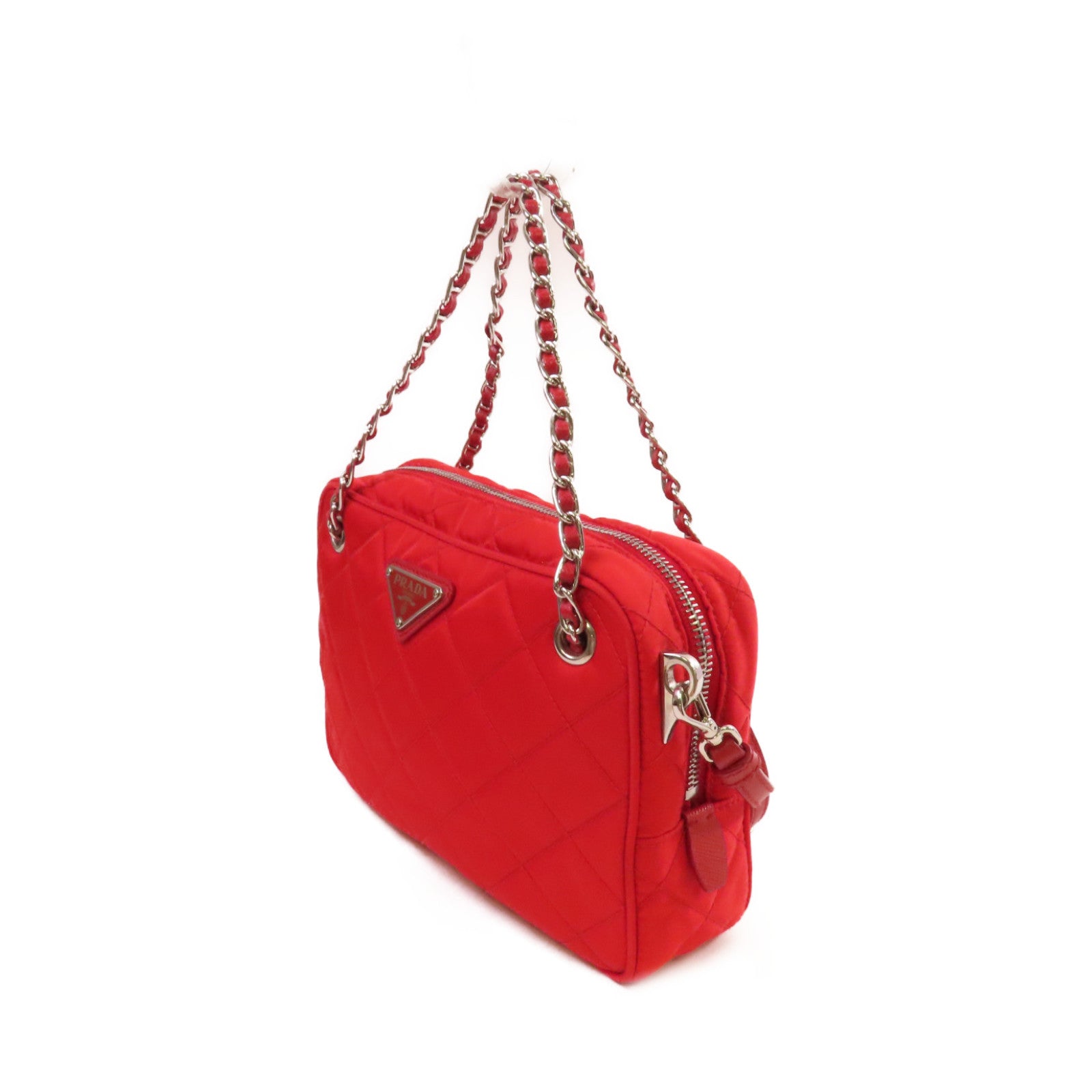 PRADA 菱格尼龍Chain 2Way Shoulder Bag銀扣手挽肩背兩用袋紅色