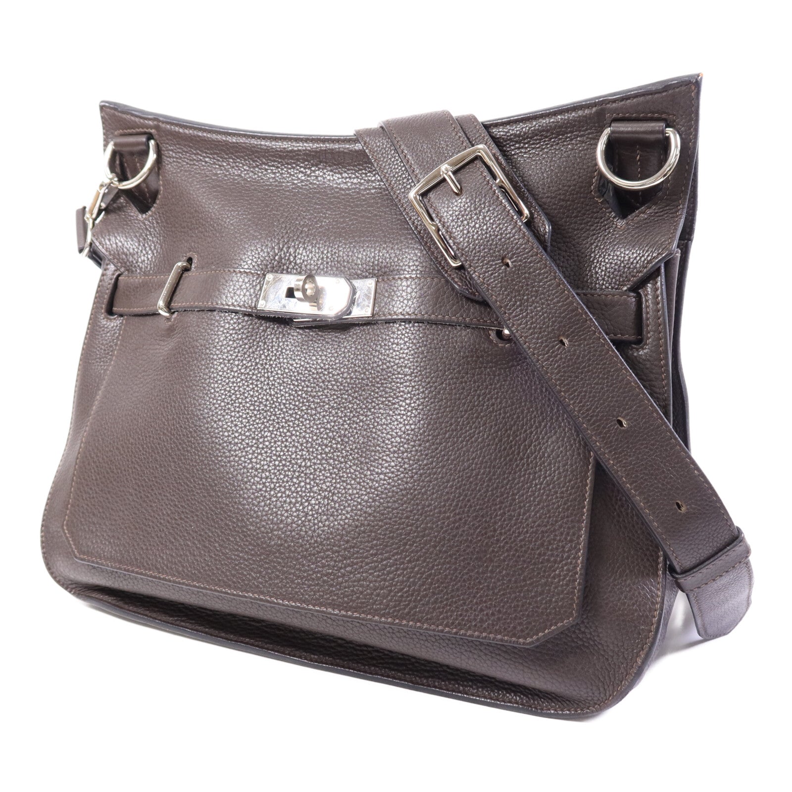 HERMES Clemence皮革Jypsiere 34銀扣肩背袋Brown