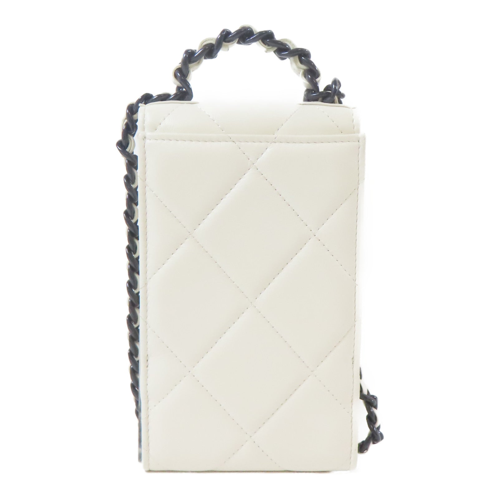 CHANEL 【激減優惠】菱格羊皮皮革CC Phone Holder銀扣鏈帶手挽肩背兩用袋白色