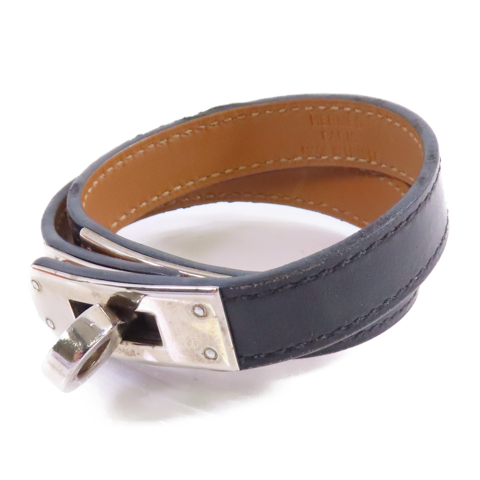HERMES PHW Double Tour Bracelet Bangle Swift Leather Noir