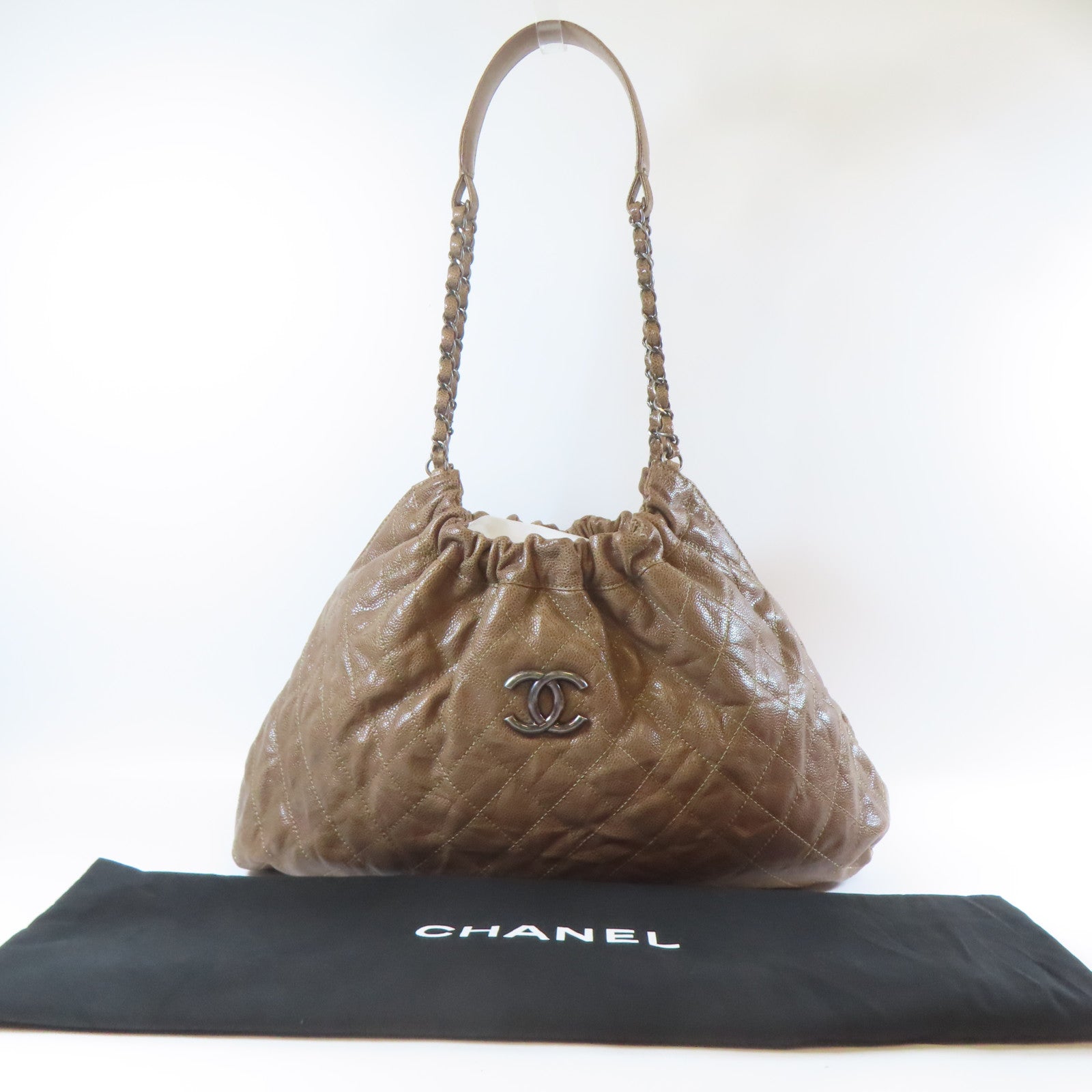 CHANEL 菱格Caviar皮革Chain Shoulder黑扣鏈帶肩背袋啡色
