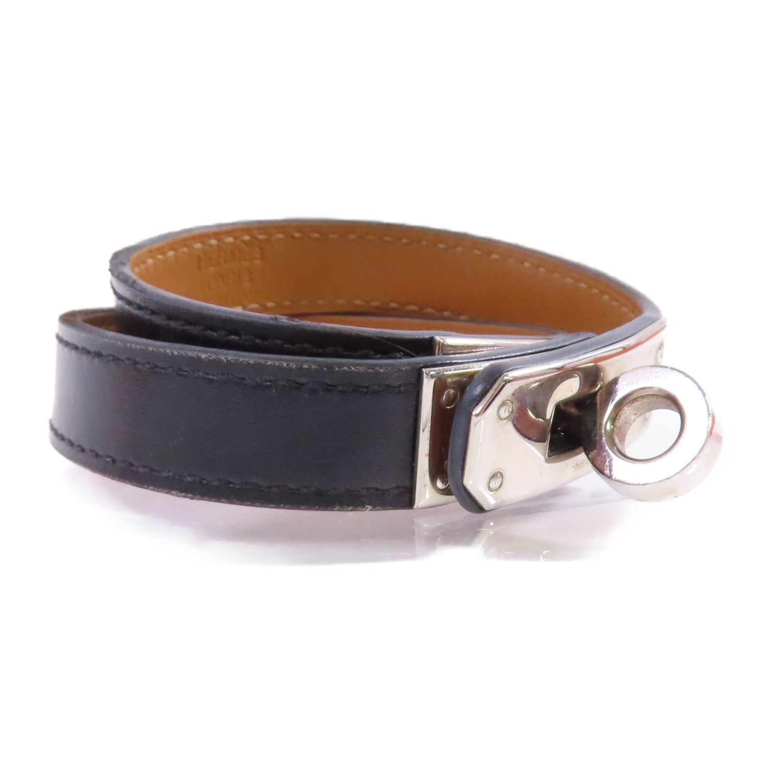 HERMES PHW Double Tour Bracelet Bangle Swift Leather Noir