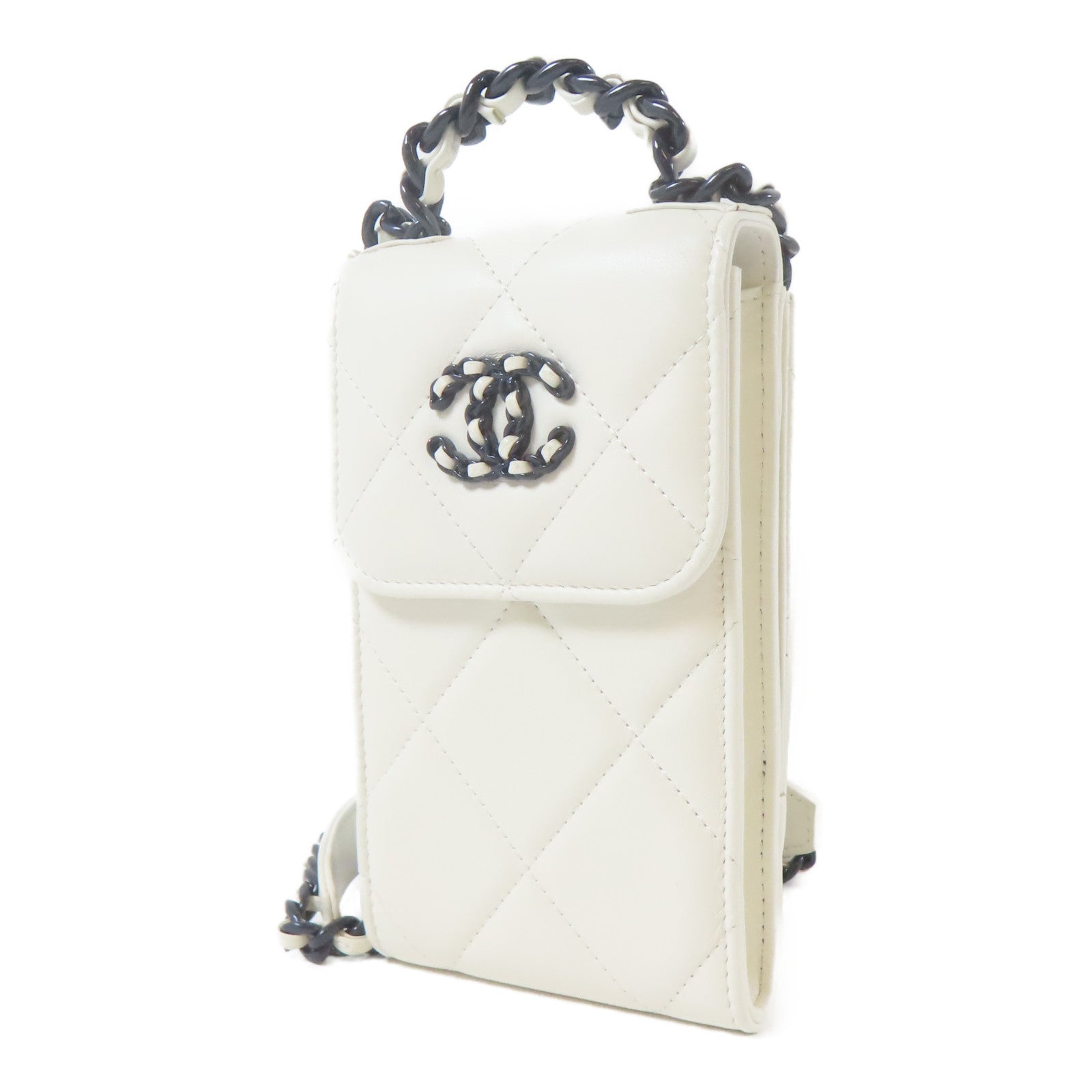 CHANEL 【激減優惠】菱格羊皮皮革CC Phone Holder銀扣鏈帶手挽肩背兩用袋白色
