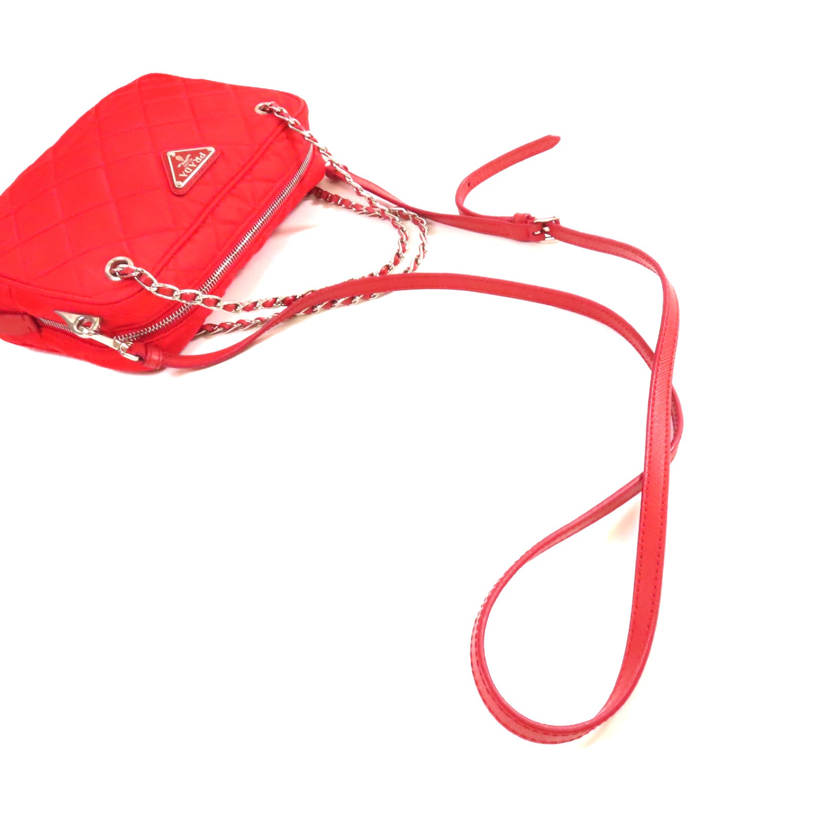 PRADA 菱格尼龍Chain 2Way Shoulder Bag銀扣手挽肩背兩用袋紅色