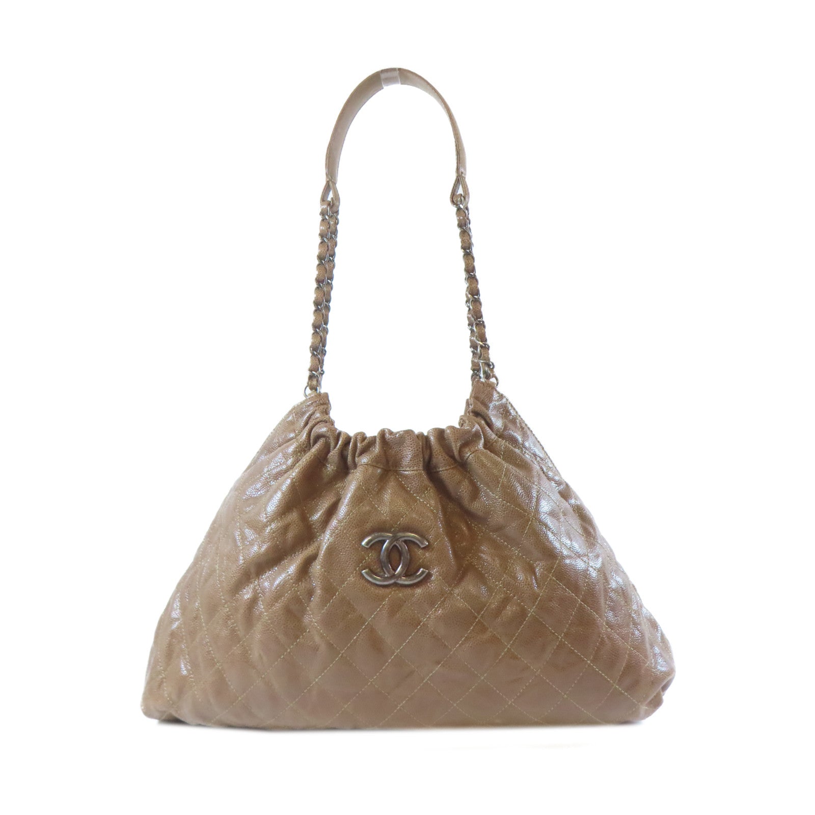 CHANEL 菱格Caviar皮革Chain Shoulder黑扣鏈帶肩背袋啡色