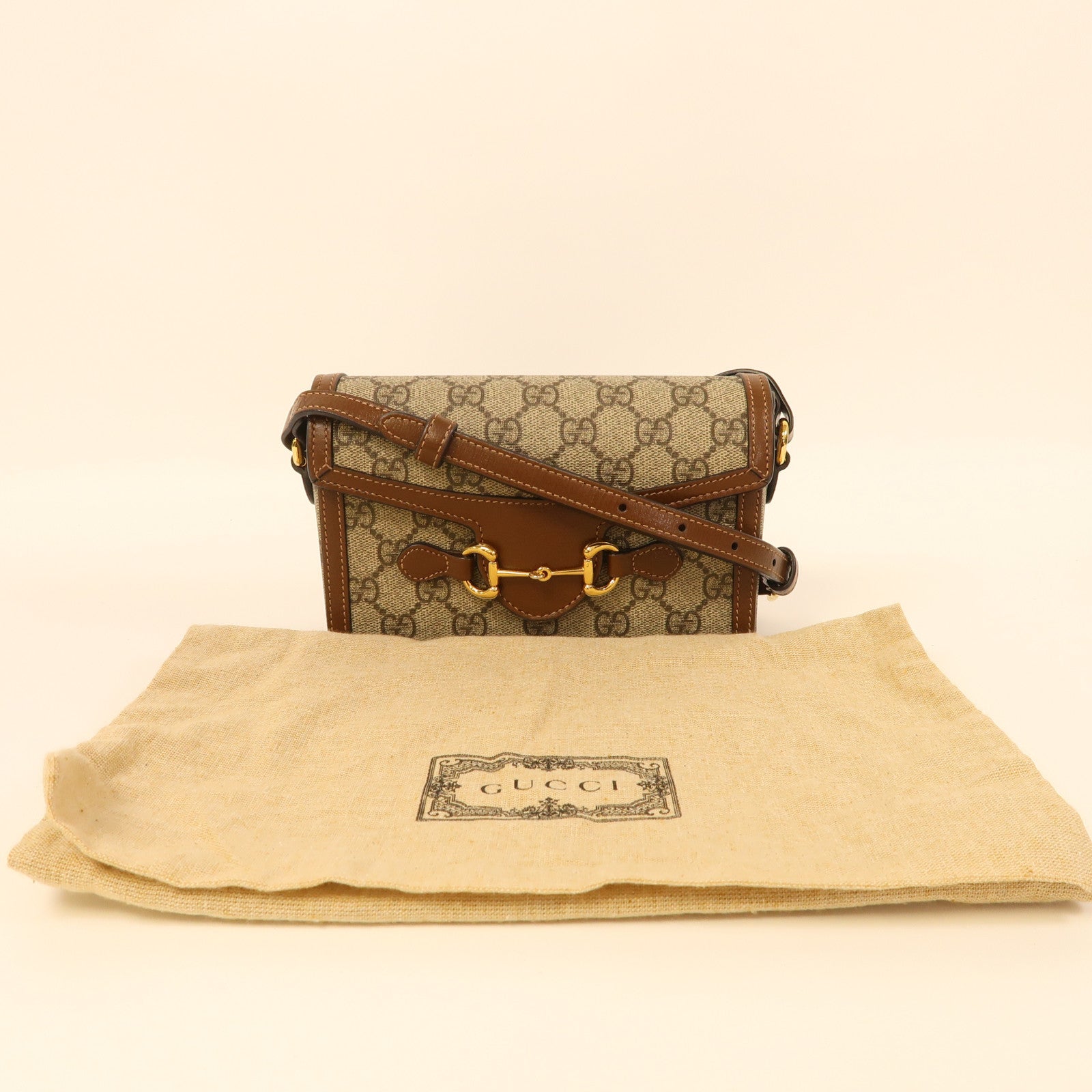 GUCCI 塗層帆布Horsebit 1955 Mini金扣肩背袋啡色