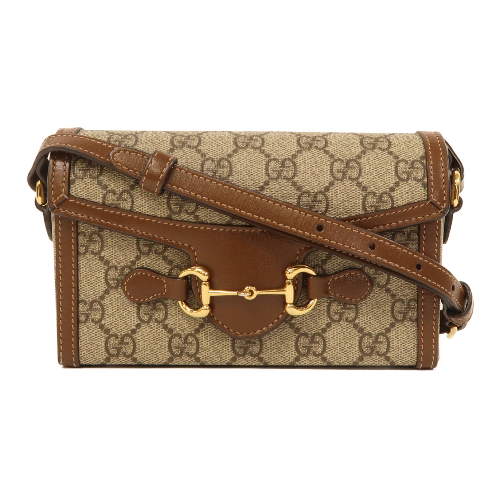 GUCCI 塗層帆布Horsebit 1955 Mini金扣肩背袋啡色