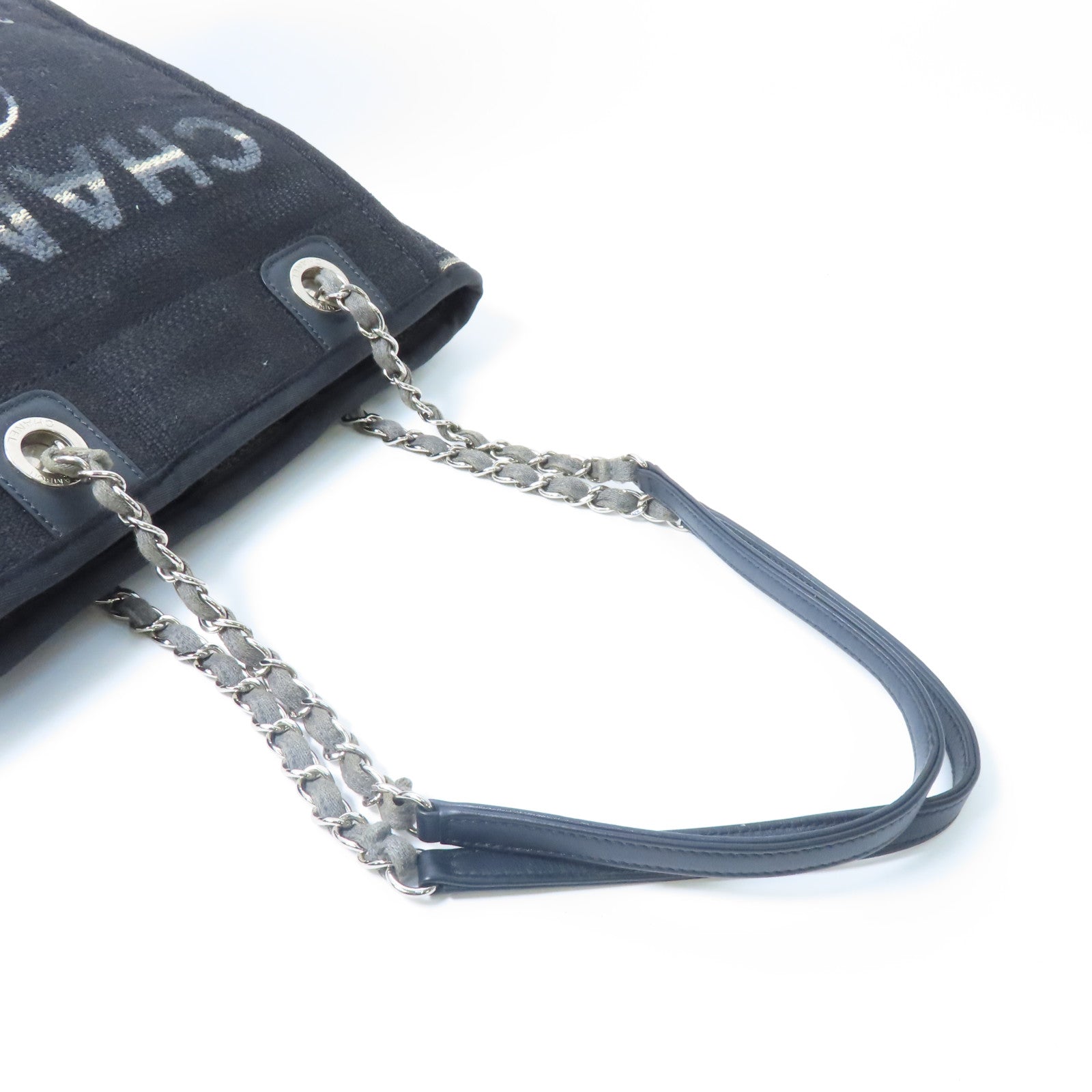 CHANEL 帆布Deauville Tote銀扣鏈帶手挽袋黑色/灰色