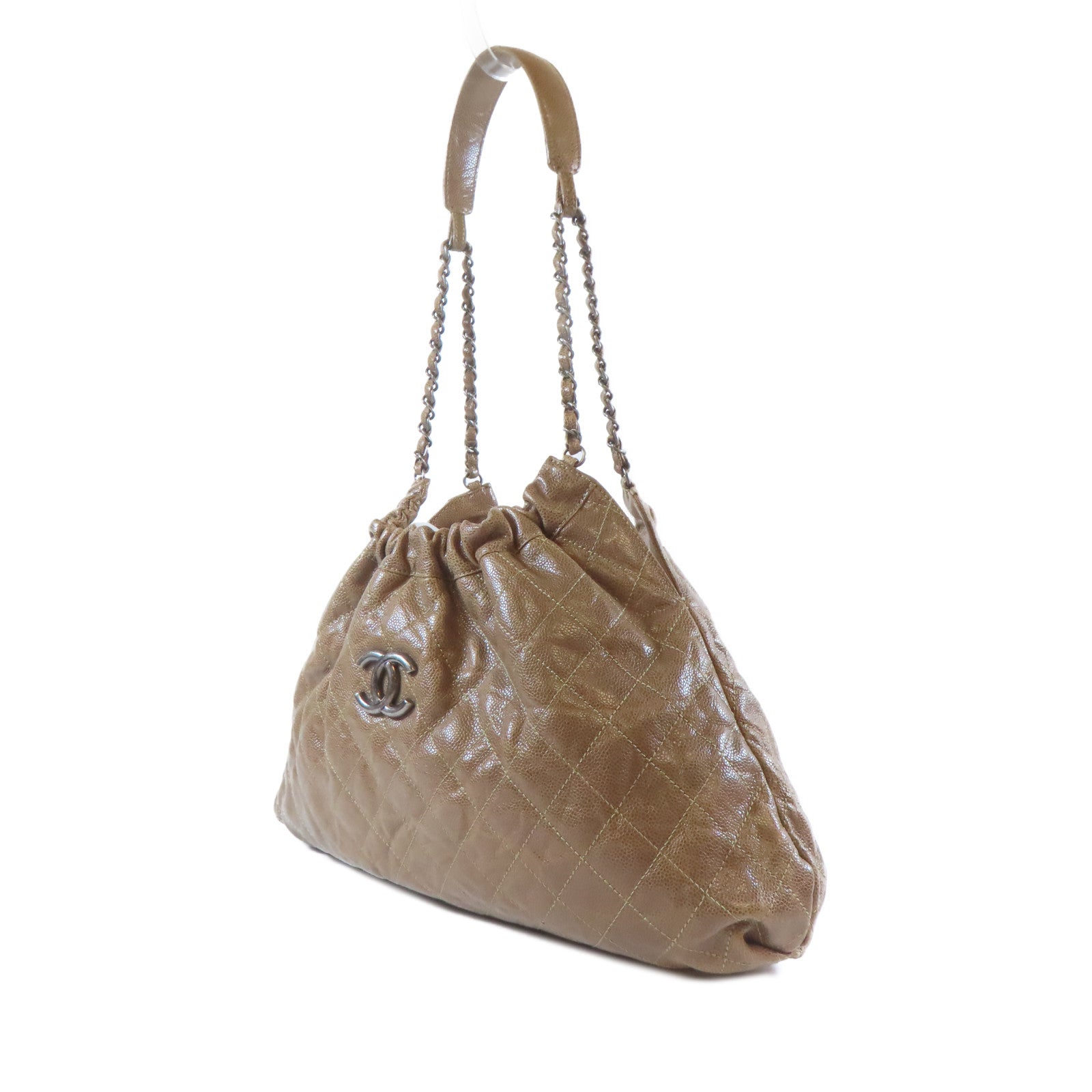 CHANEL 菱格Caviar皮革Chain Shoulder黑扣鏈帶肩背袋啡色