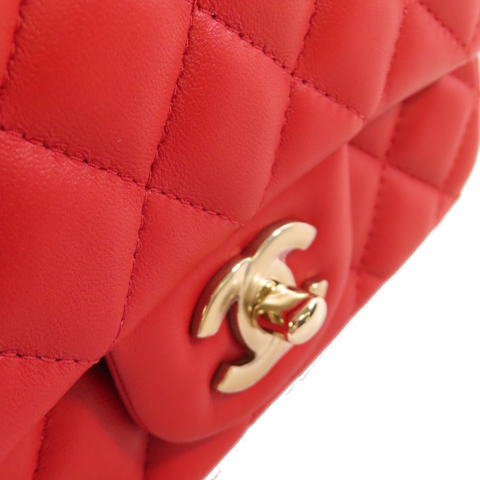 CHANEL 菱格羊皮皮革Classic Mini Square Chain Shoulder Bag金扣鏈帶肩背袋紅色