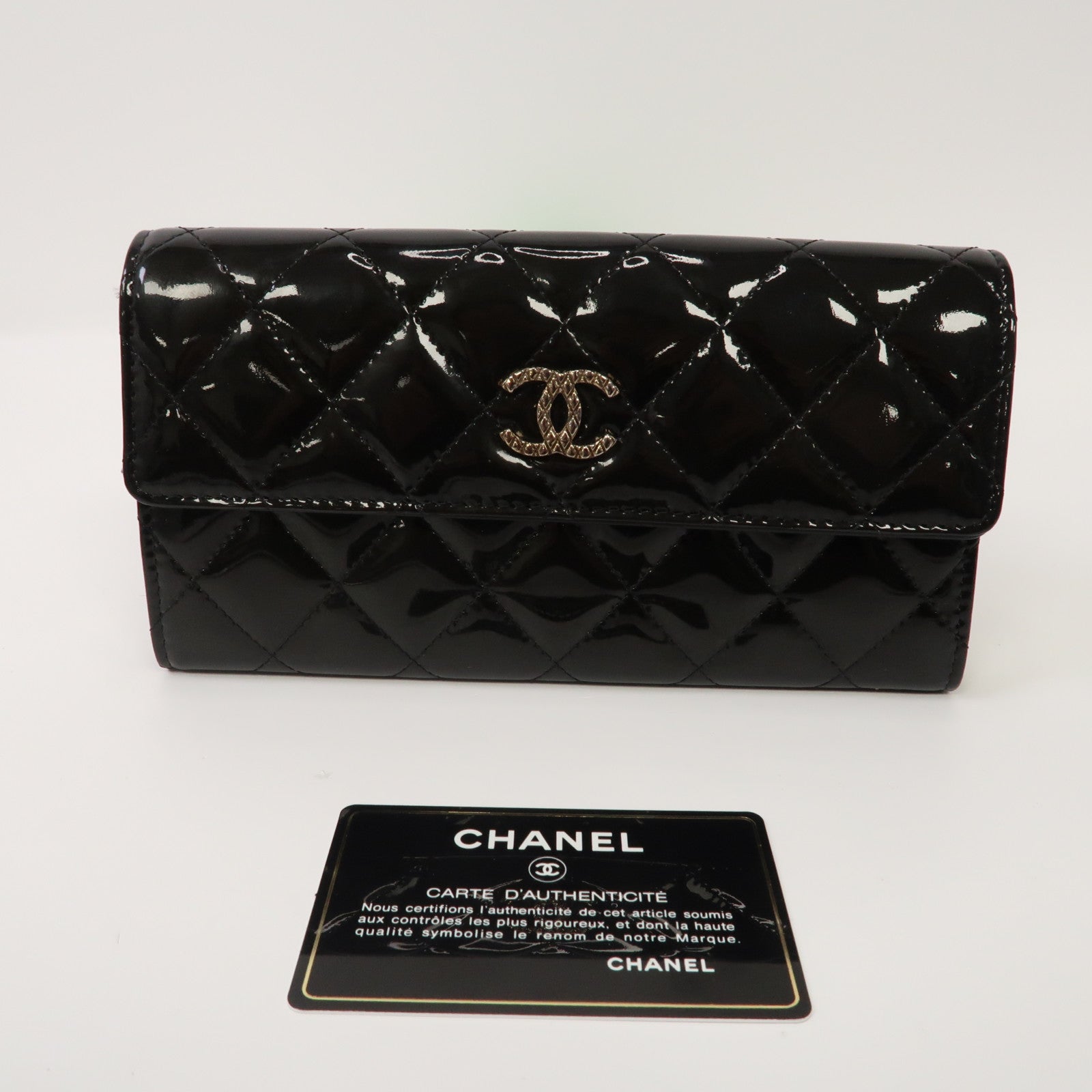 CHANEL 菱格漆皮皮革Long Wallet金扣長錢包黑色