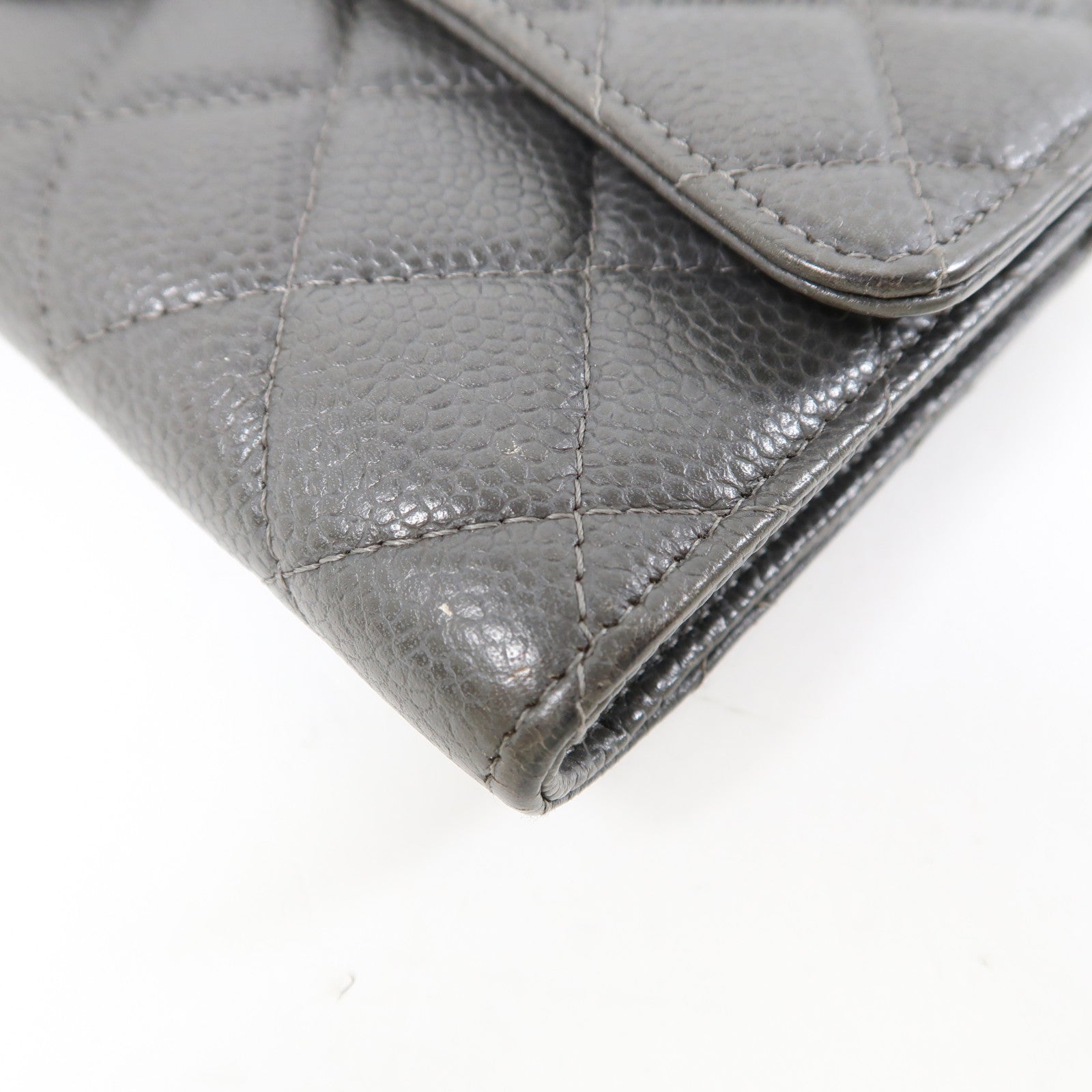 CHANEL 牛皮皮革Long Wallet銀扣長錢包灰色