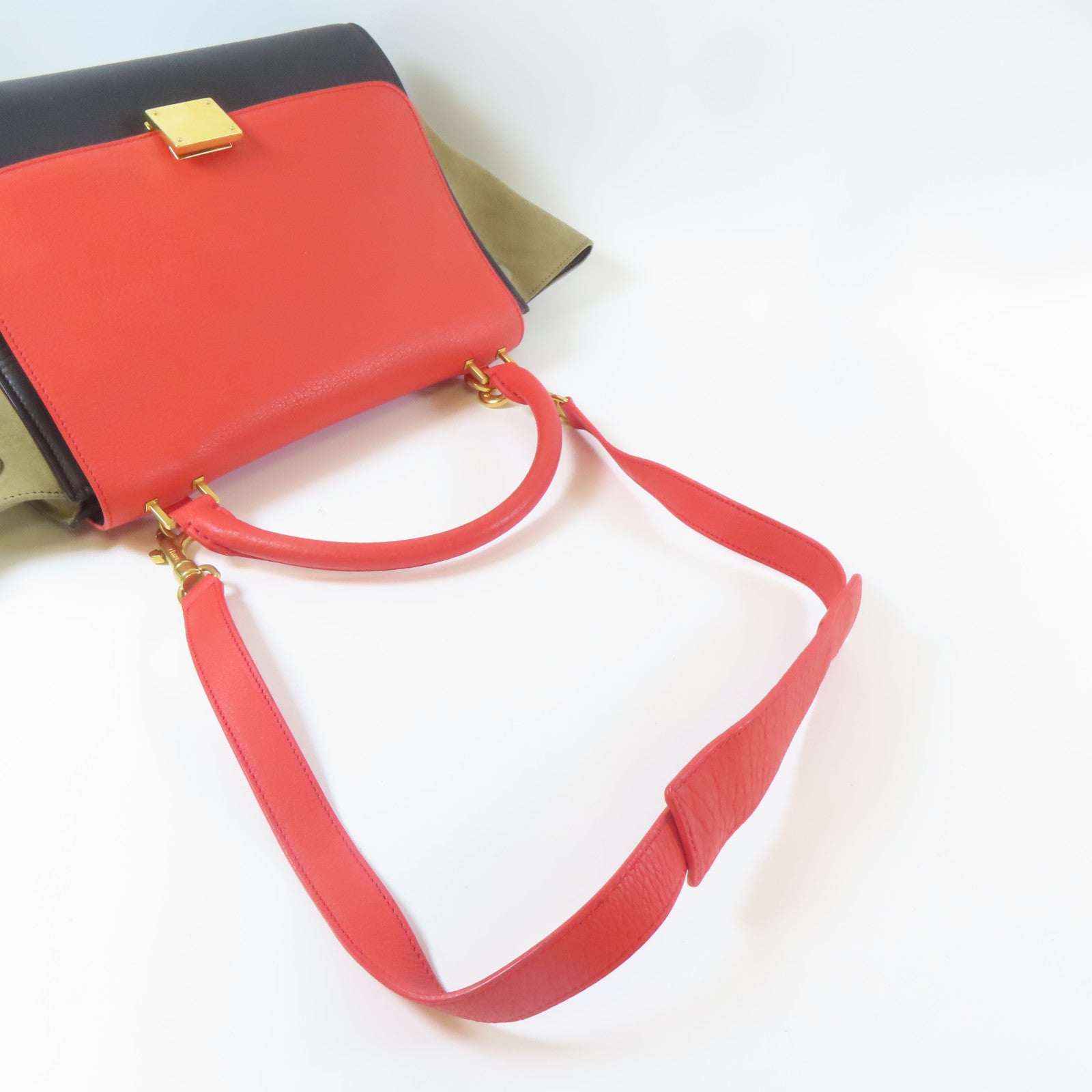 CELINE 【激減優惠】牛皮皮革Trapeze金扣手挽肩背兩用袋紅色/黑色/綠色