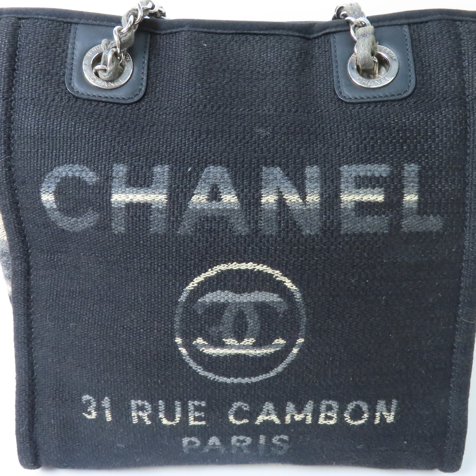CHANEL 帆布Deauville Tote銀扣鏈帶手挽袋黑色/灰色