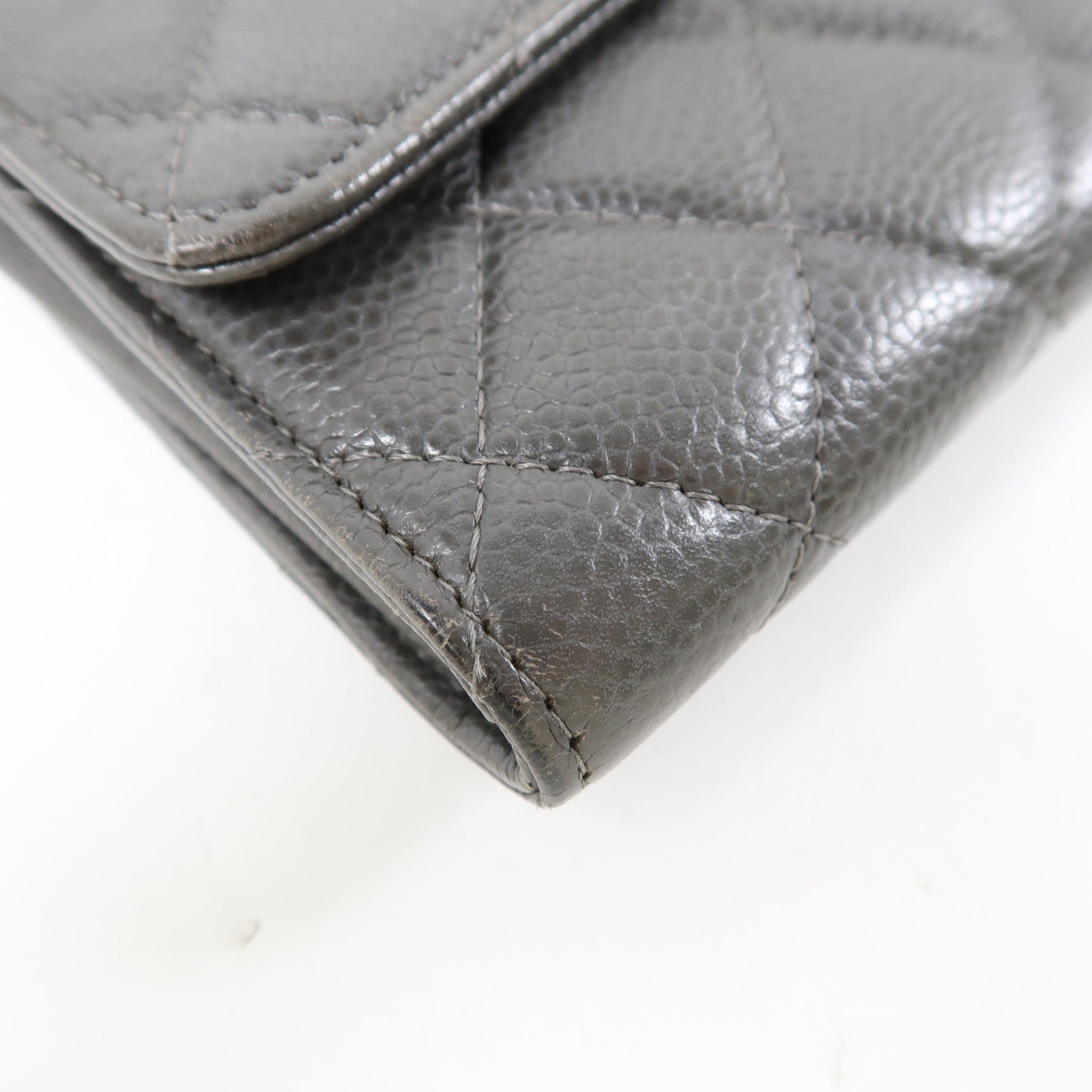 CHANEL 牛皮皮革Long Wallet銀扣長錢包灰色