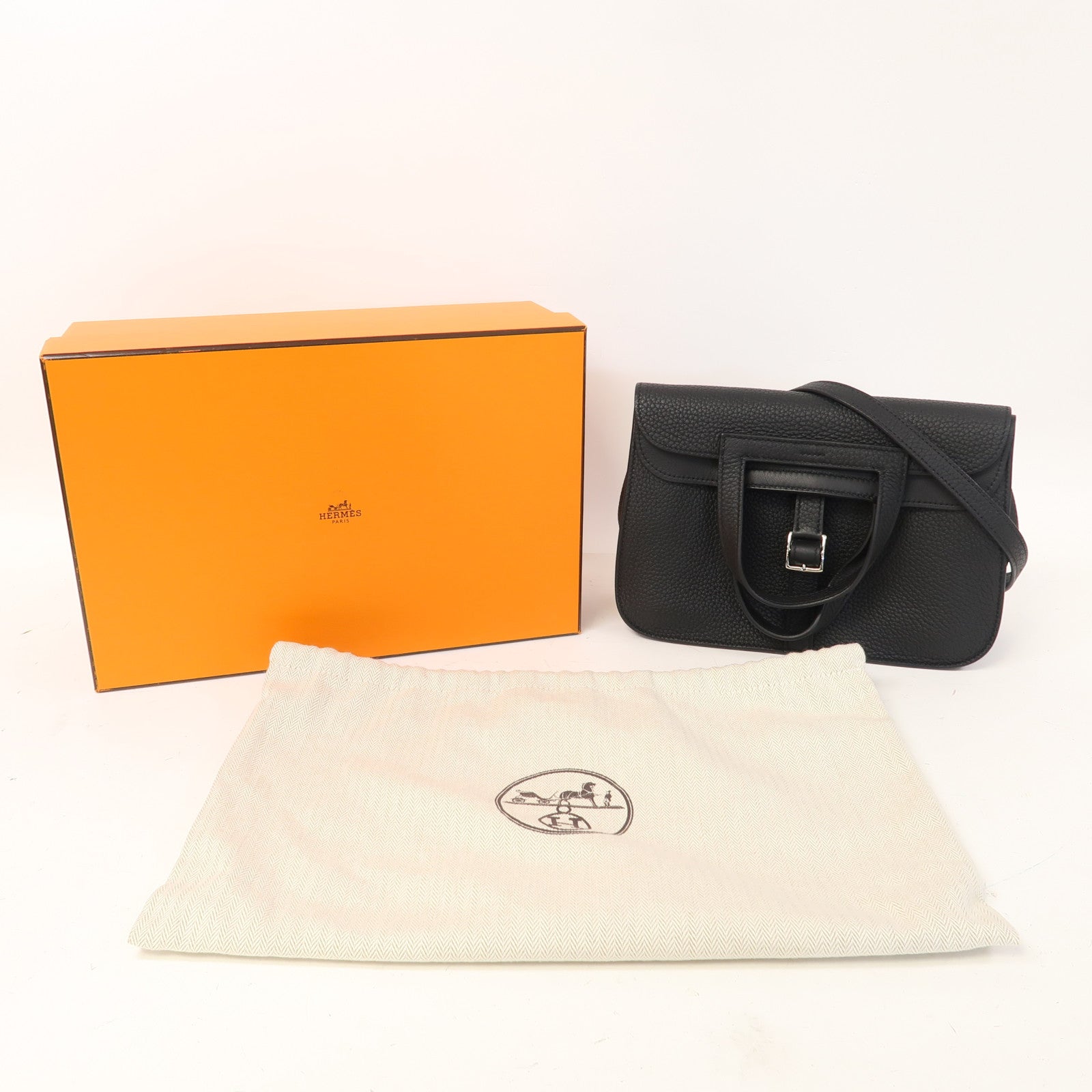 HERMES Clemence皮革Halzan 25銀扣手挽肩背兩用袋黑色