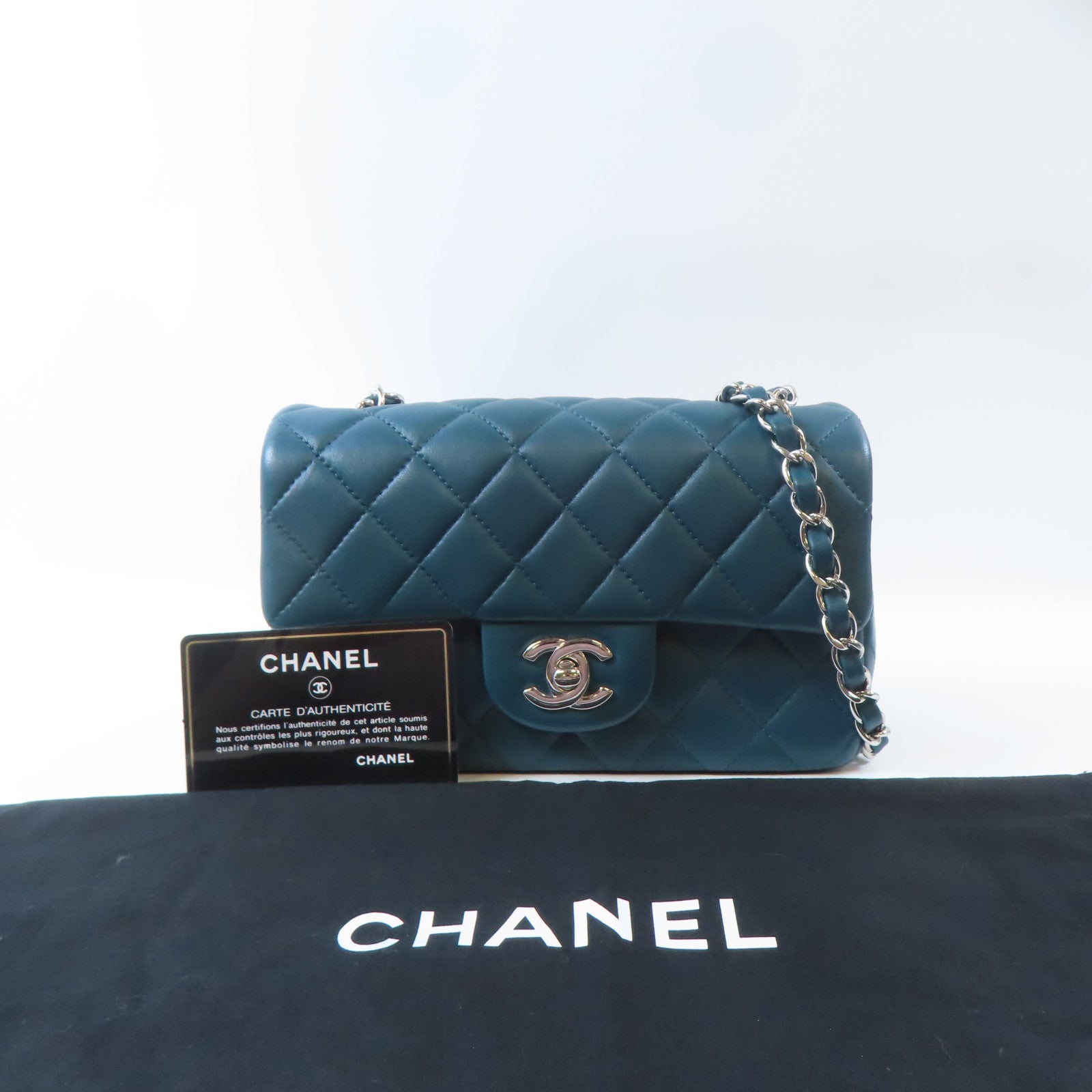 CHANEL 【激減優惠】菱格牛皮皮革Classic Mini Flap Bag銀扣鏈帶肩背袋綠色