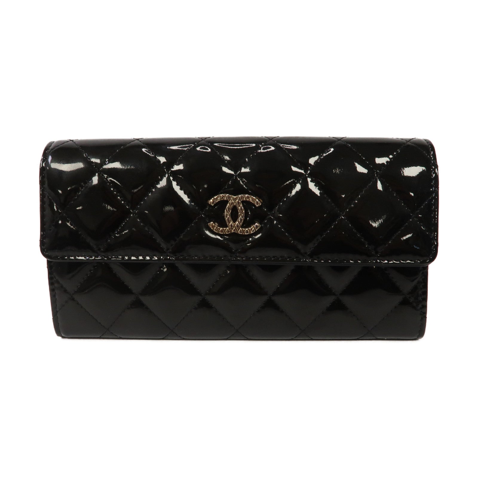 CHANEL 菱格漆皮皮革Long Wallet金扣長錢包黑色