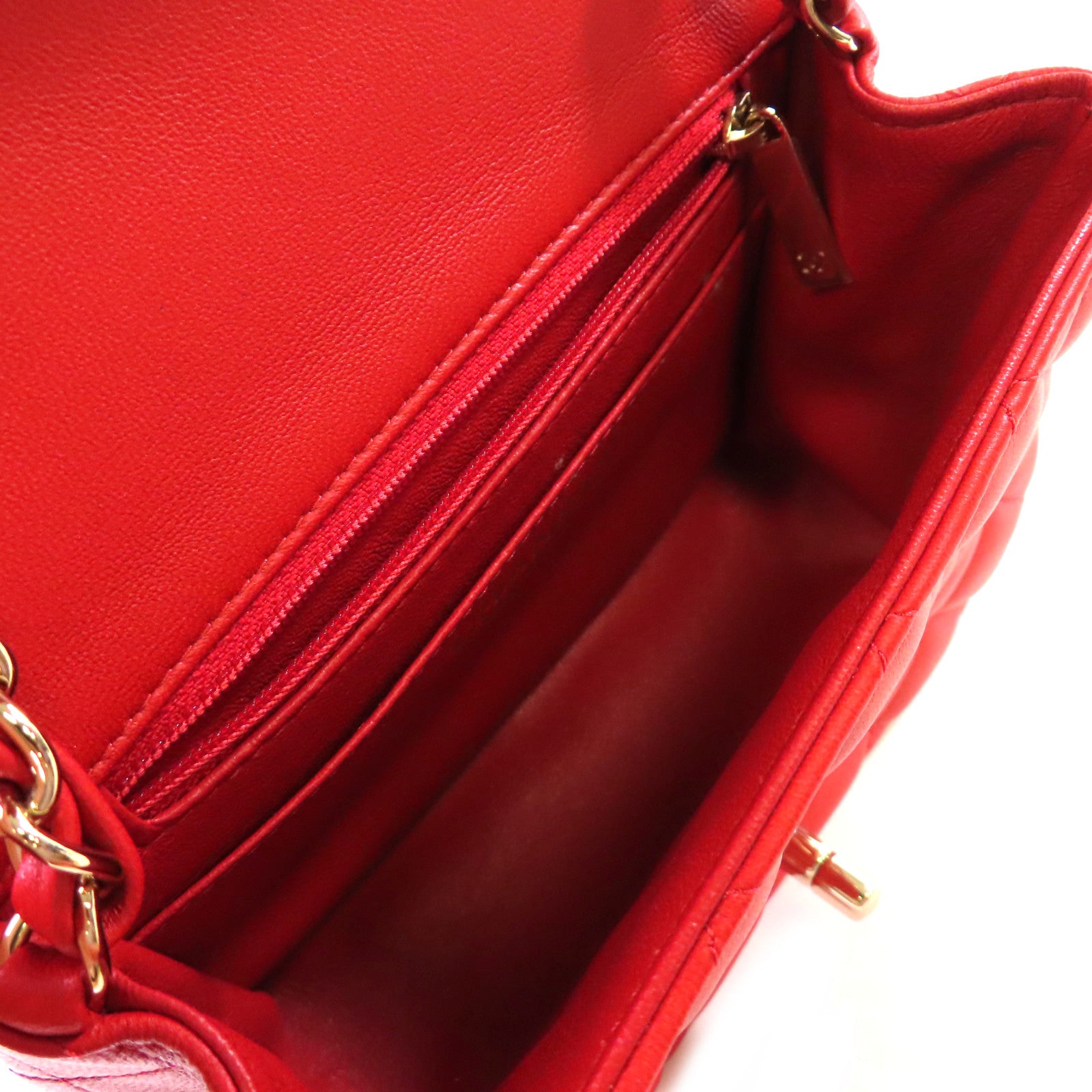 CHANEL 菱格羊皮皮革Classic Mini Square Chain Shoulder Bag金扣鏈帶肩背袋紅色