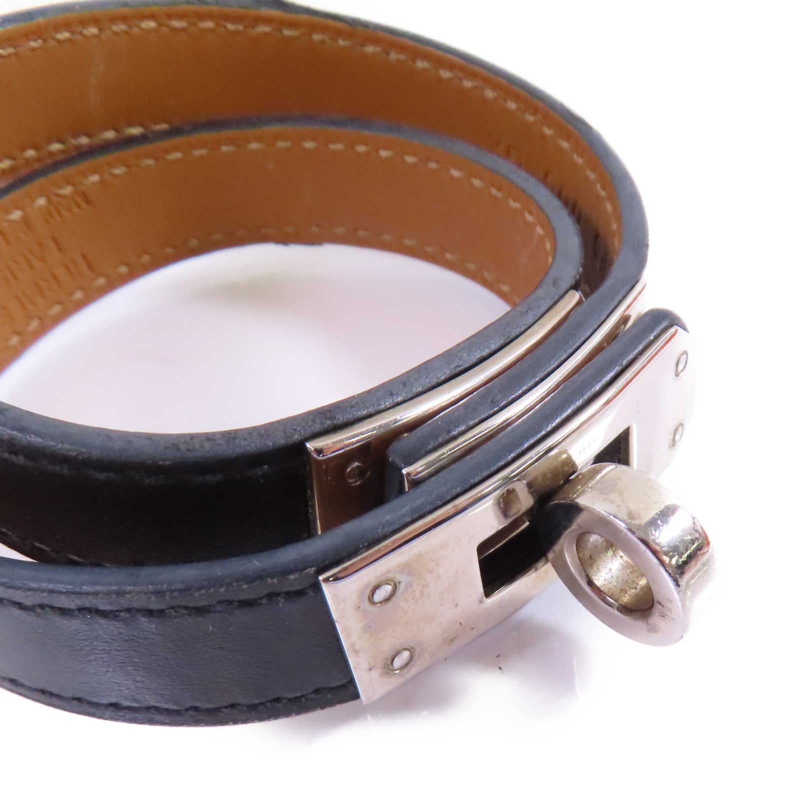 HERMES PHW Double Tour Bracelet Bangle Swift Leather Noir