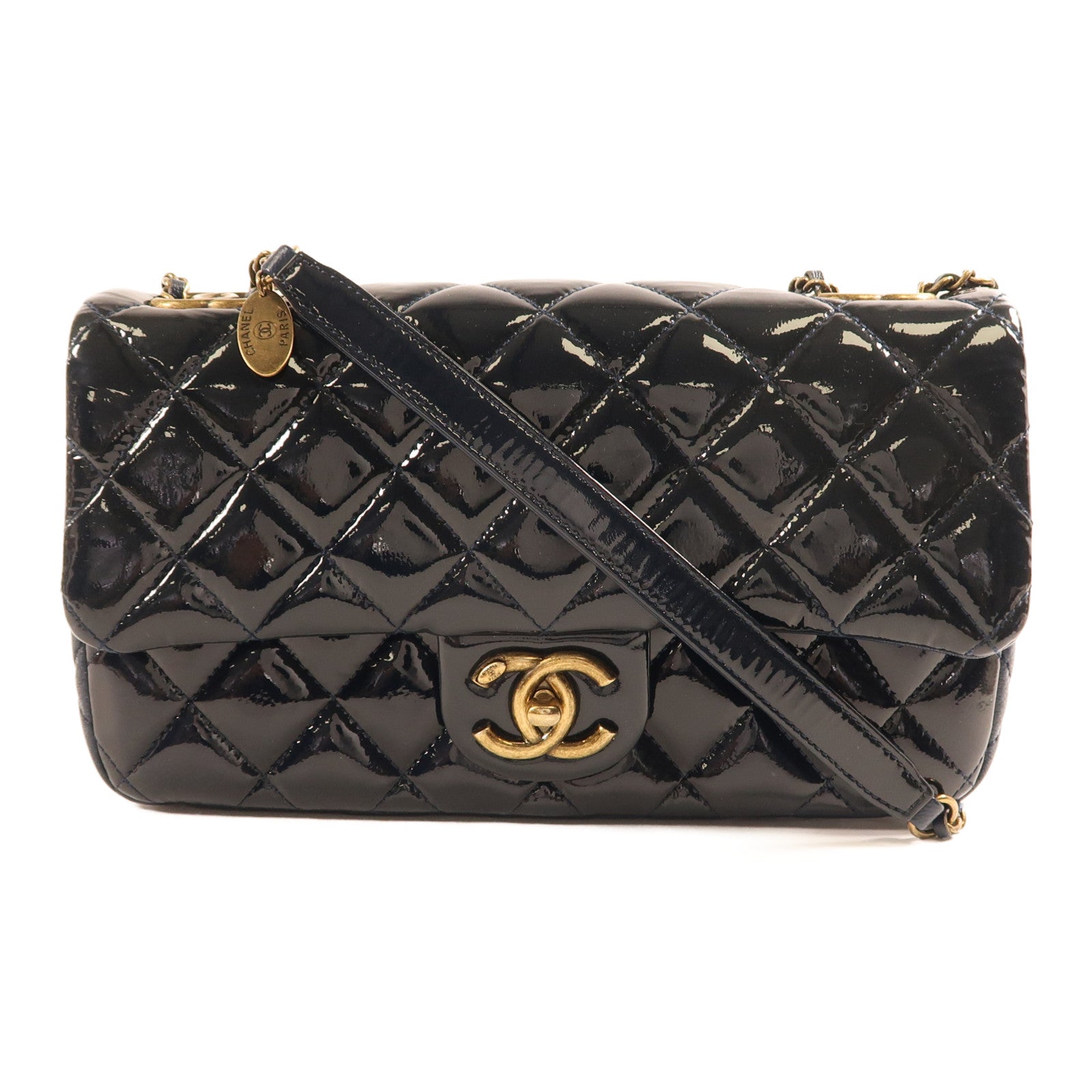 CHANEL 漆皮皮革Chain Shoulder金扣鏈帶肩背袋