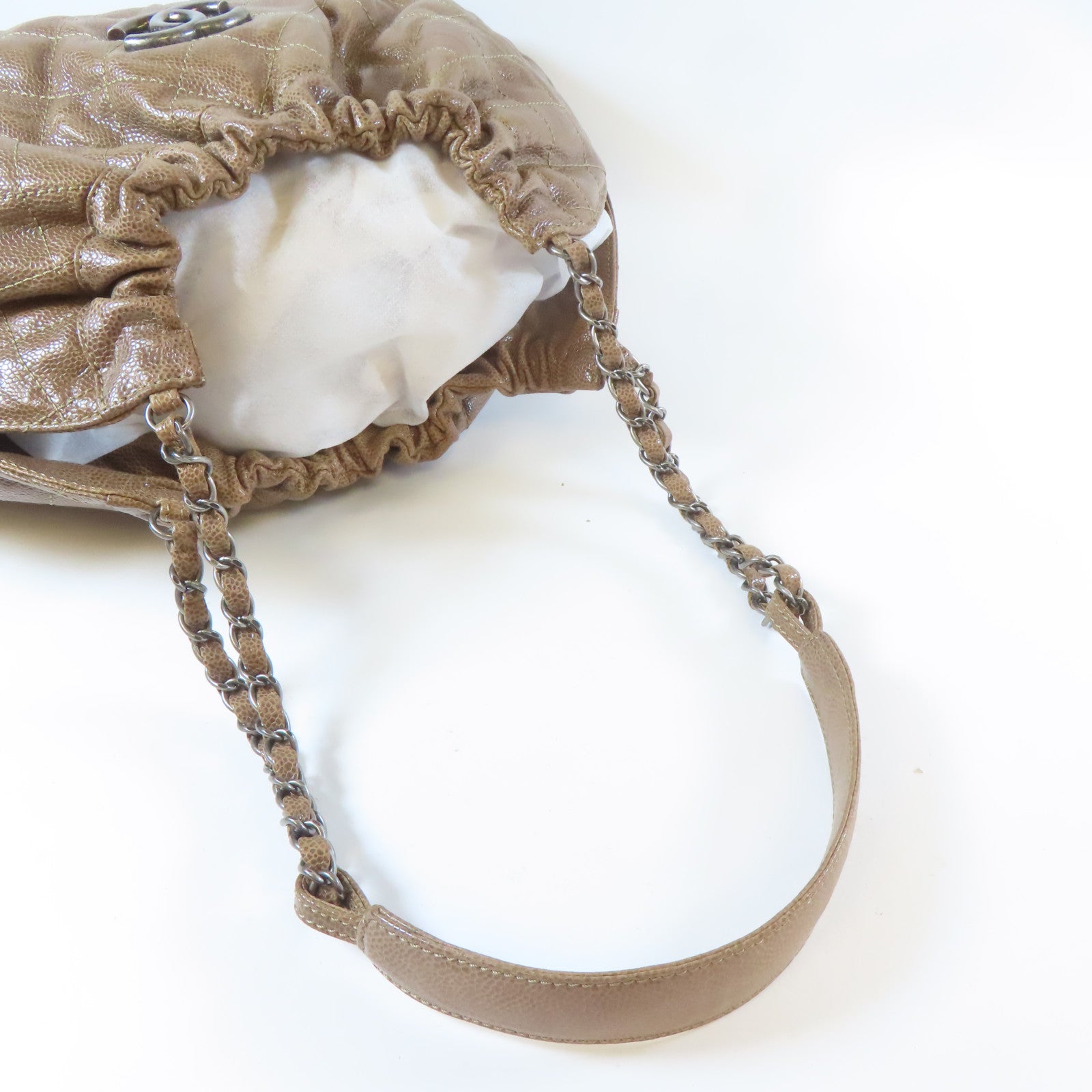 CHANEL 菱格Caviar皮革Chain Shoulder黑扣鏈帶肩背袋啡色