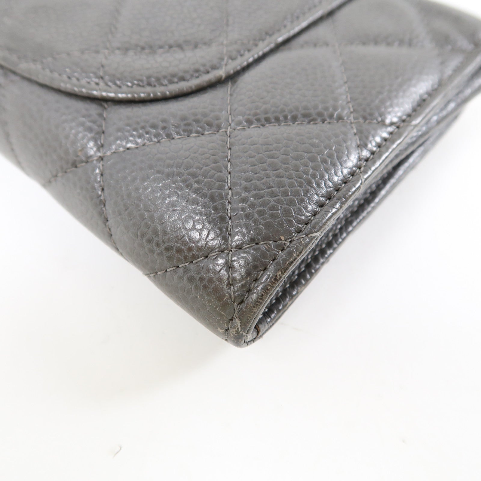 CHANEL 牛皮皮革Long Wallet銀扣長錢包灰色