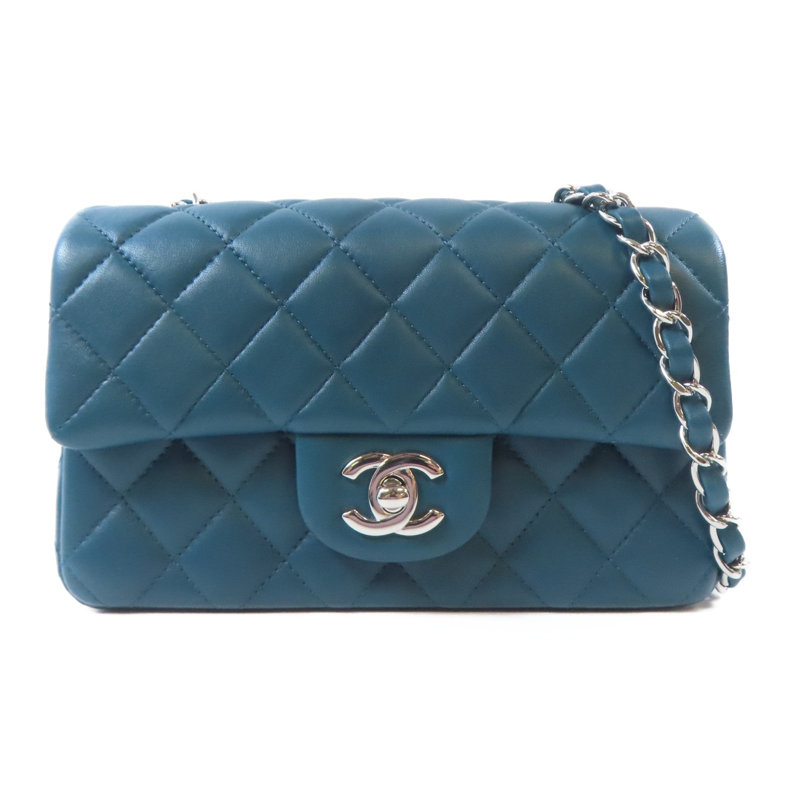 CHANEL 【激減優惠】菱格牛皮皮革Classic Mini Flap Bag銀扣鏈帶肩背袋綠色