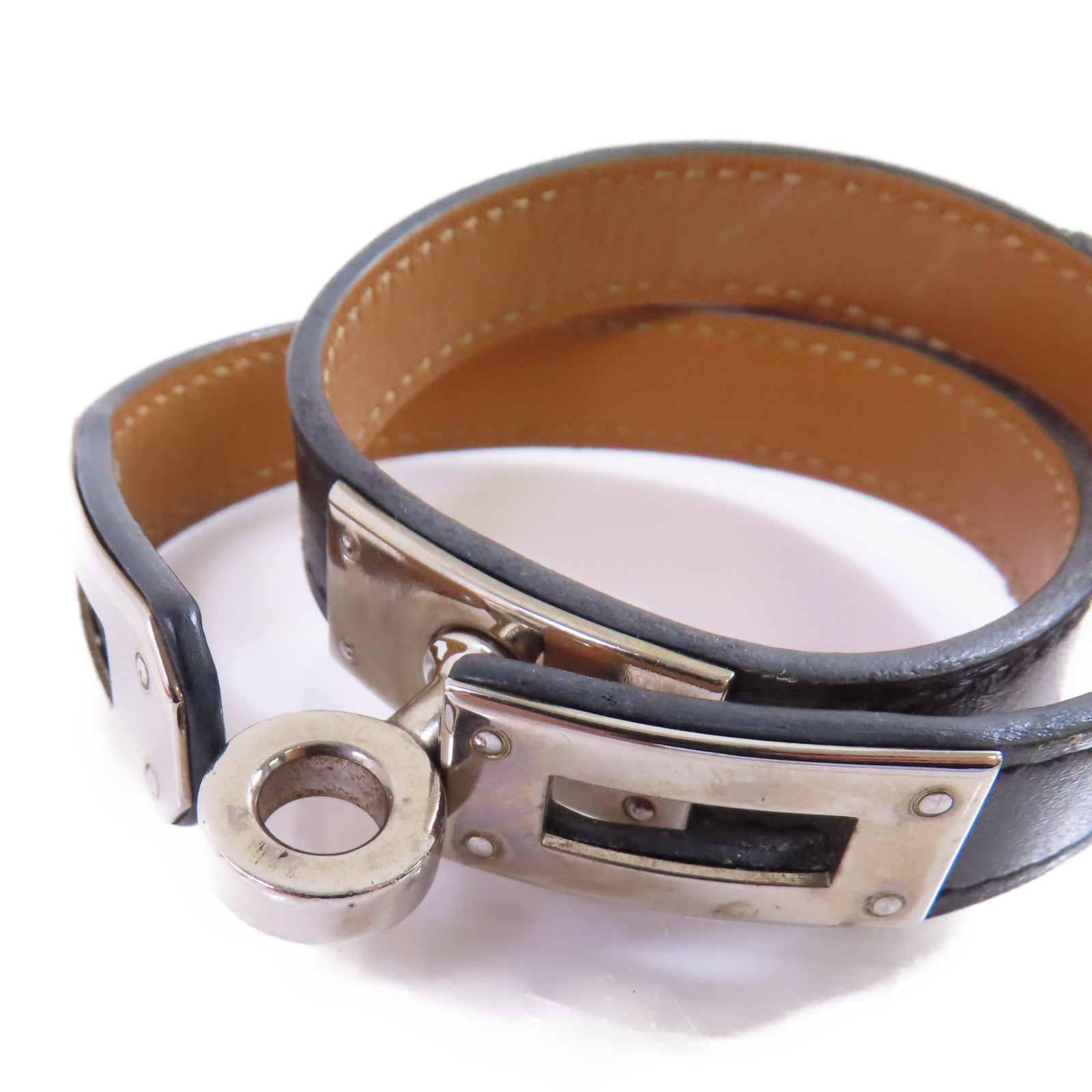HERMES PHW Double Tour Bracelet Bangle Swift Leather Noir