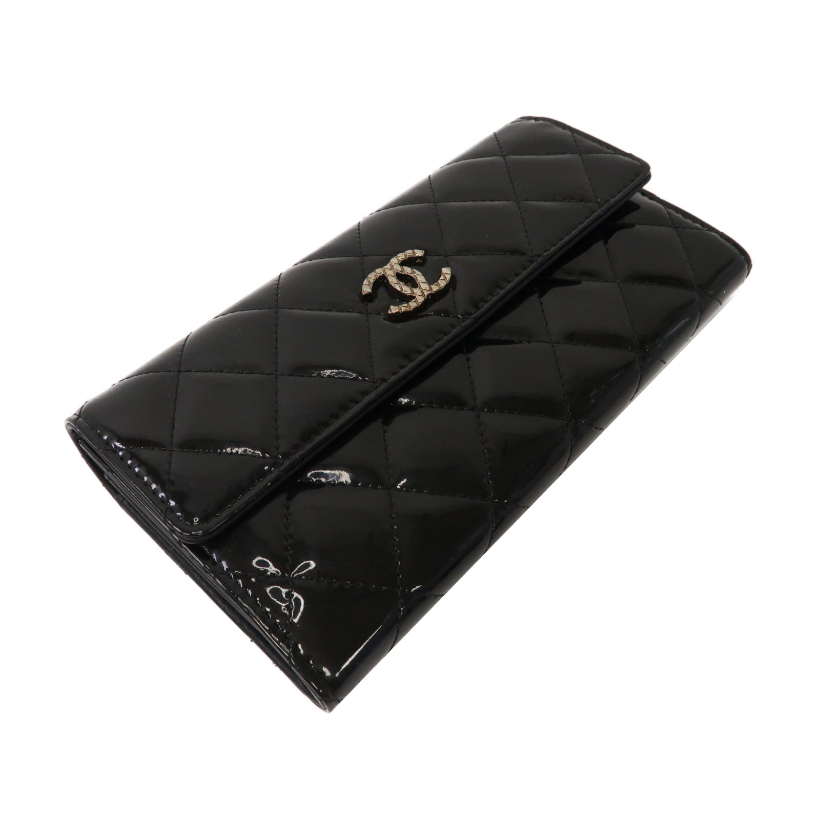 CHANEL 菱格漆皮皮革Long Wallet金扣長錢包黑色